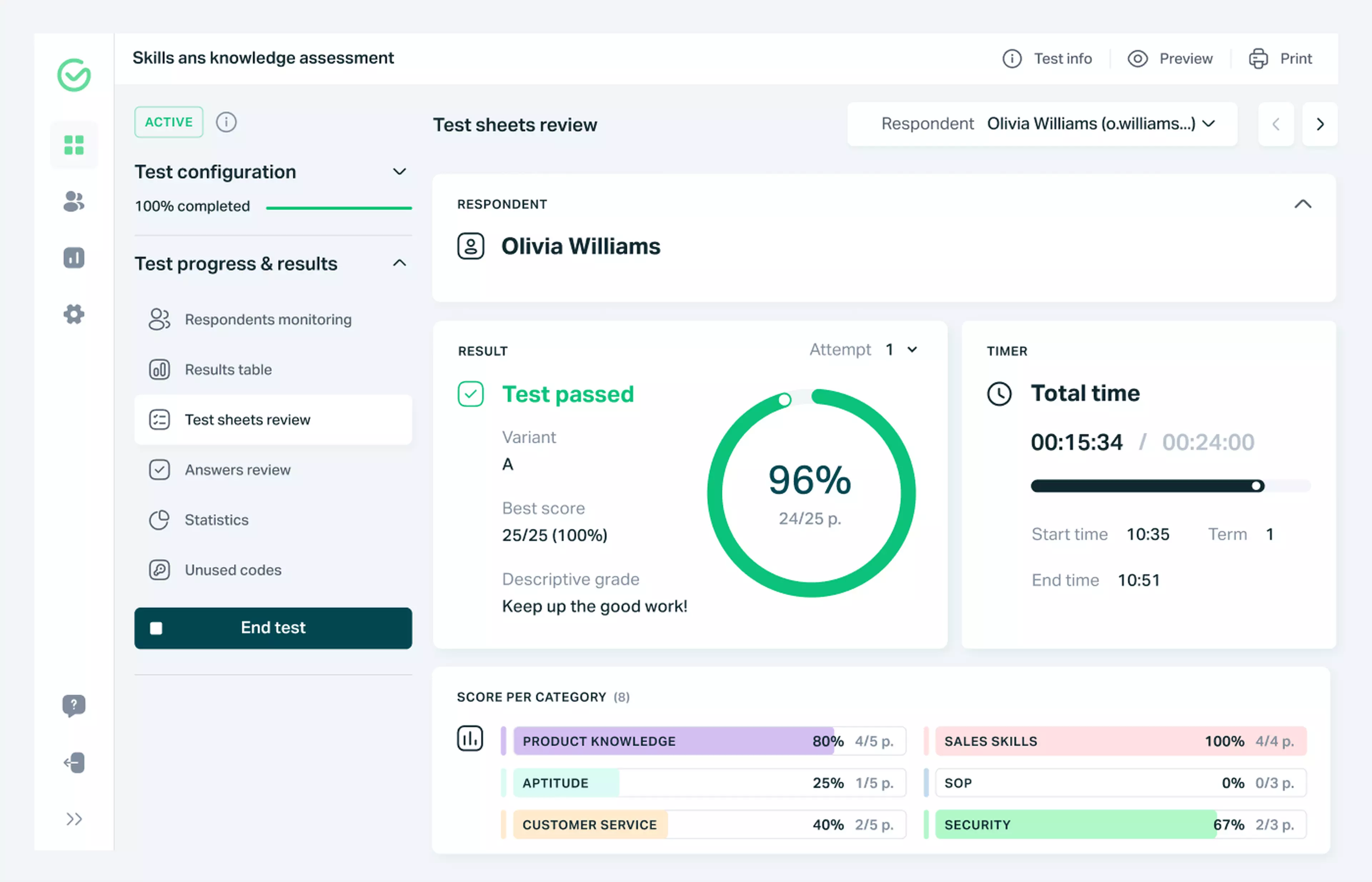 Testportal app respondent test sheet review.