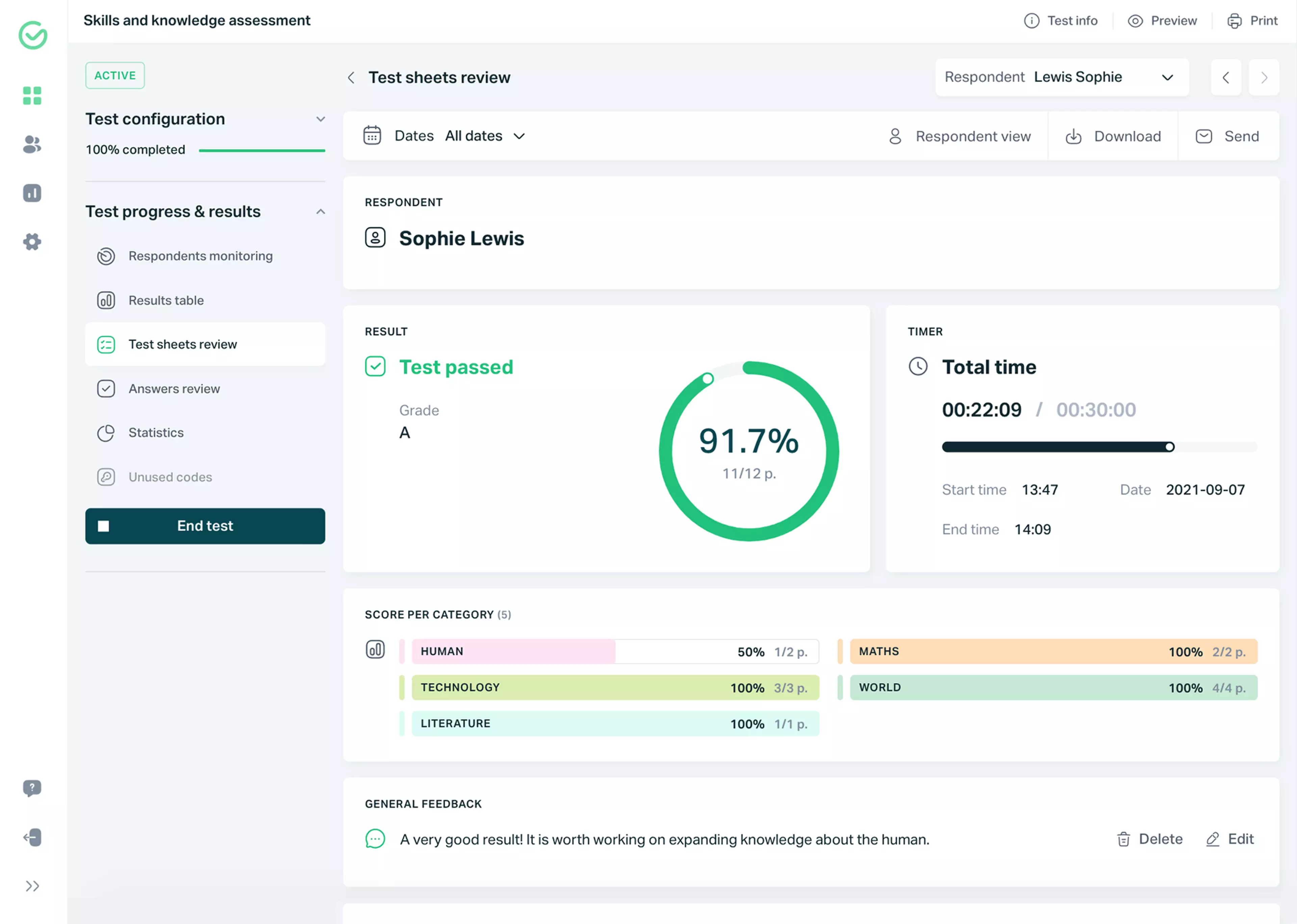   Testportal app screen showing test result and detailed results per question categories.