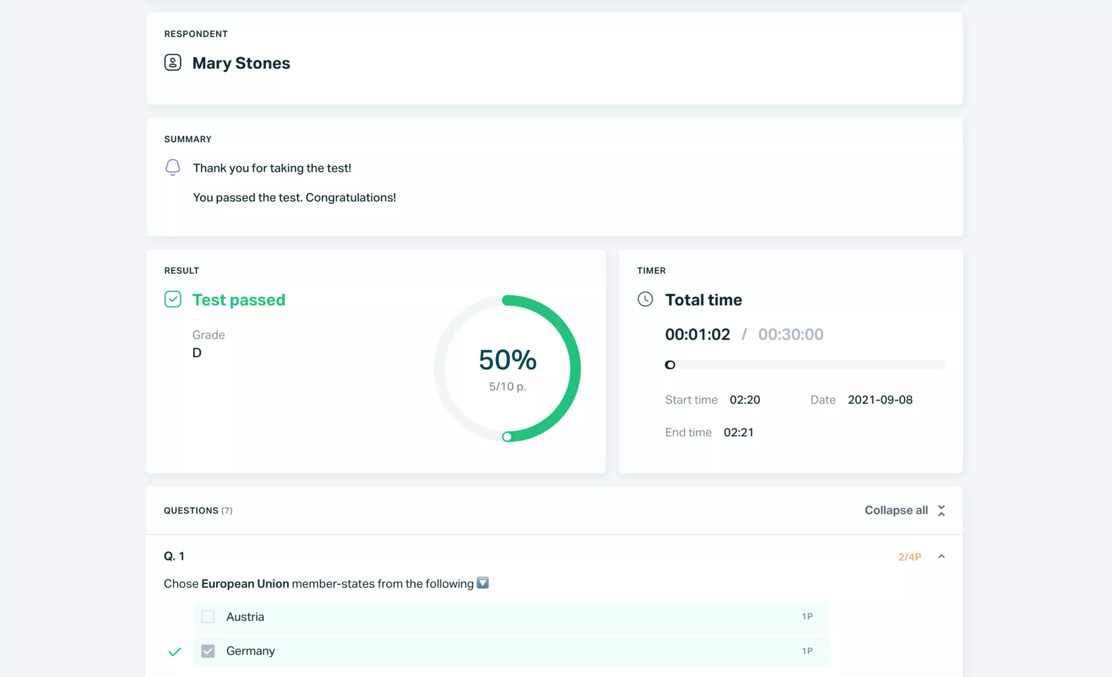   Testportal app view - respondent's online quiz results page.