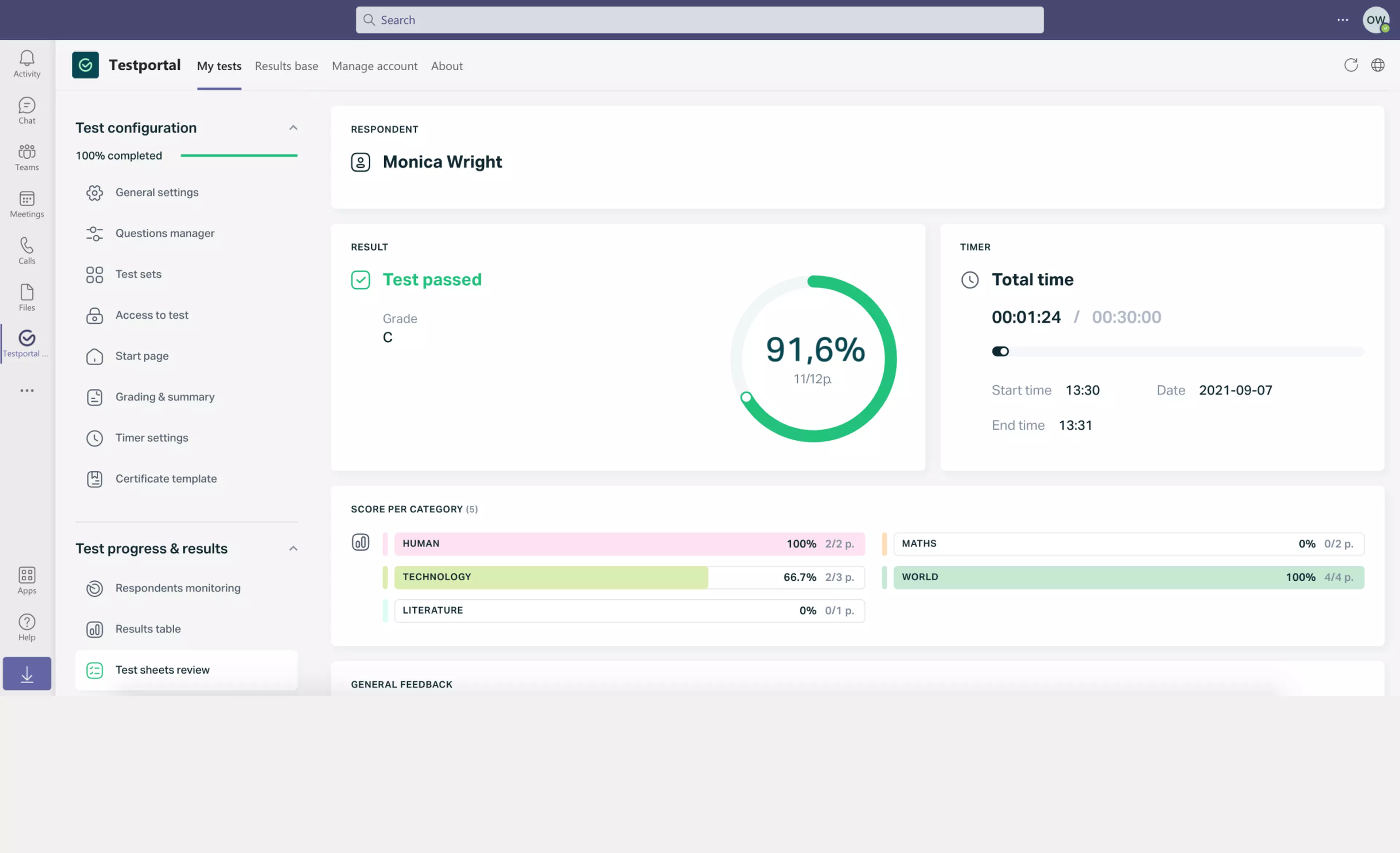   Testportal app online quiz end page displayed in Microsoft Teams.