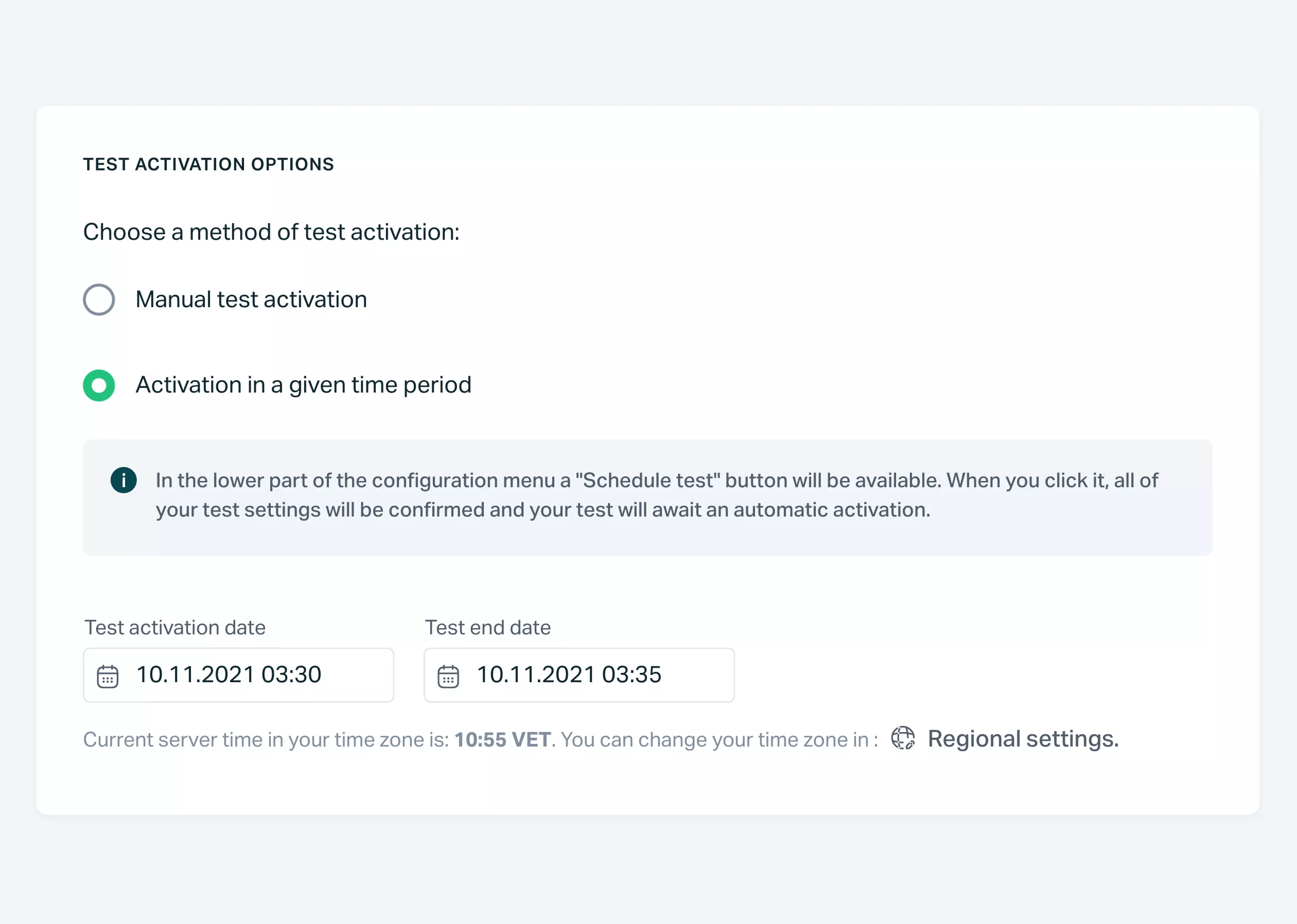   Testportal app screen showing test activation options.