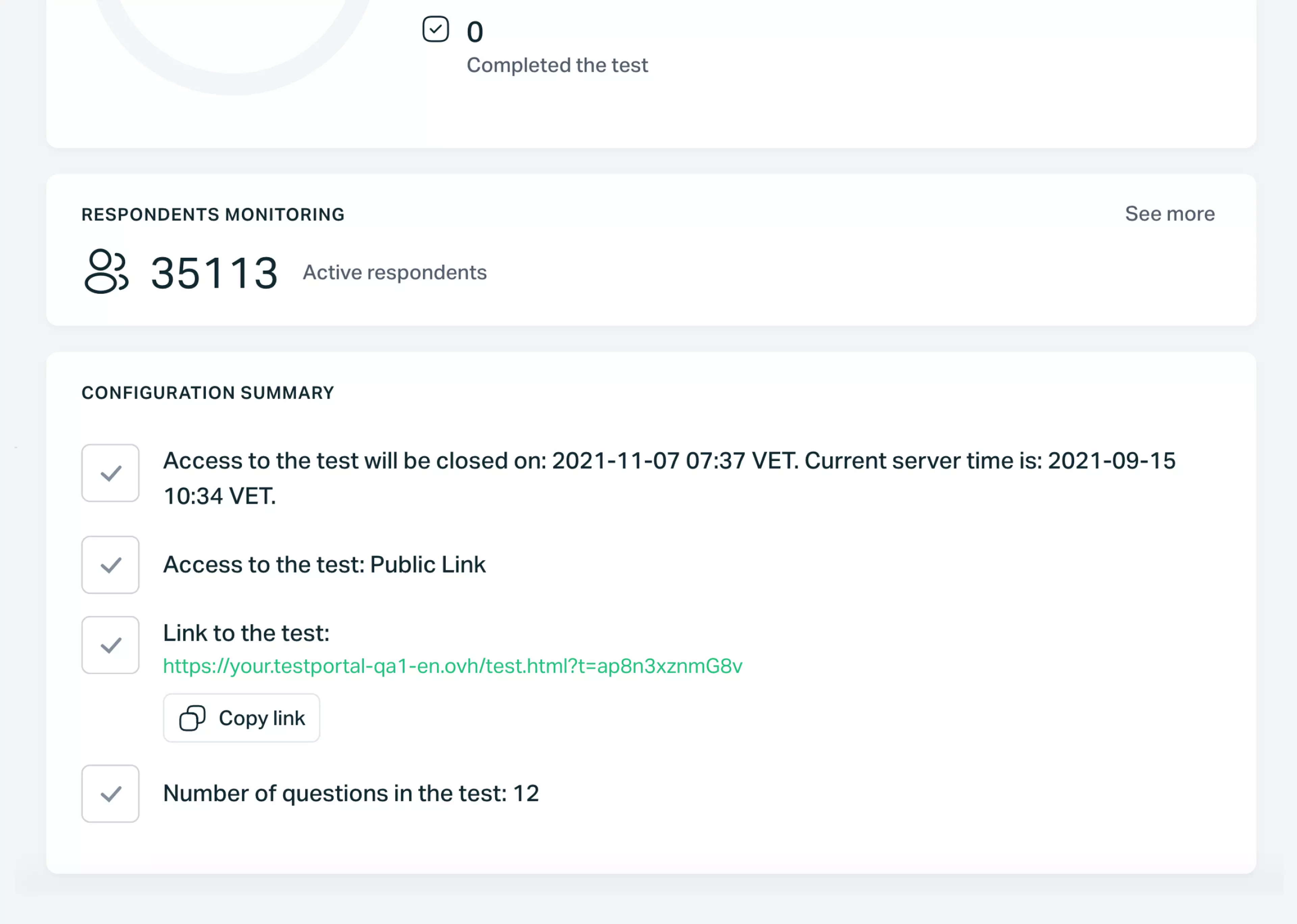 Testportal app screen showing a summary of test configuration.