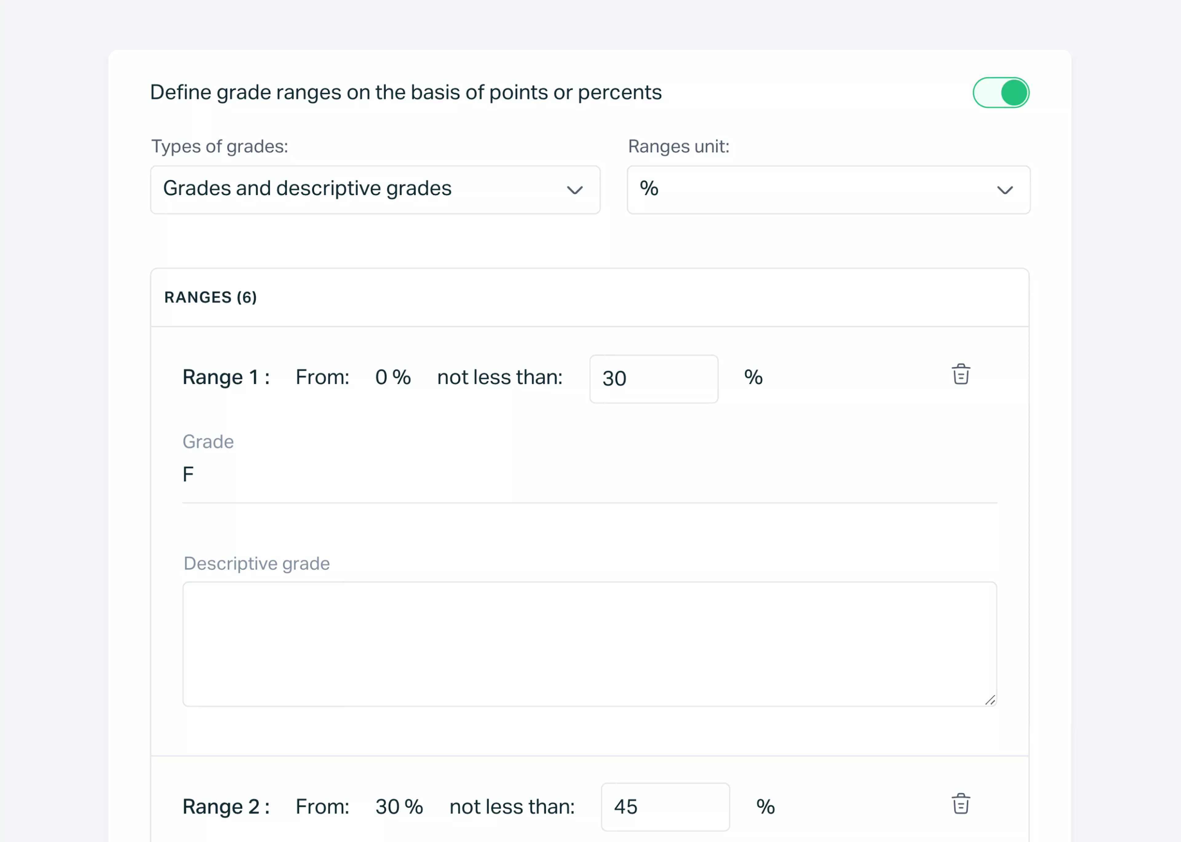   Testportal app view showing online quiz grade range settings.