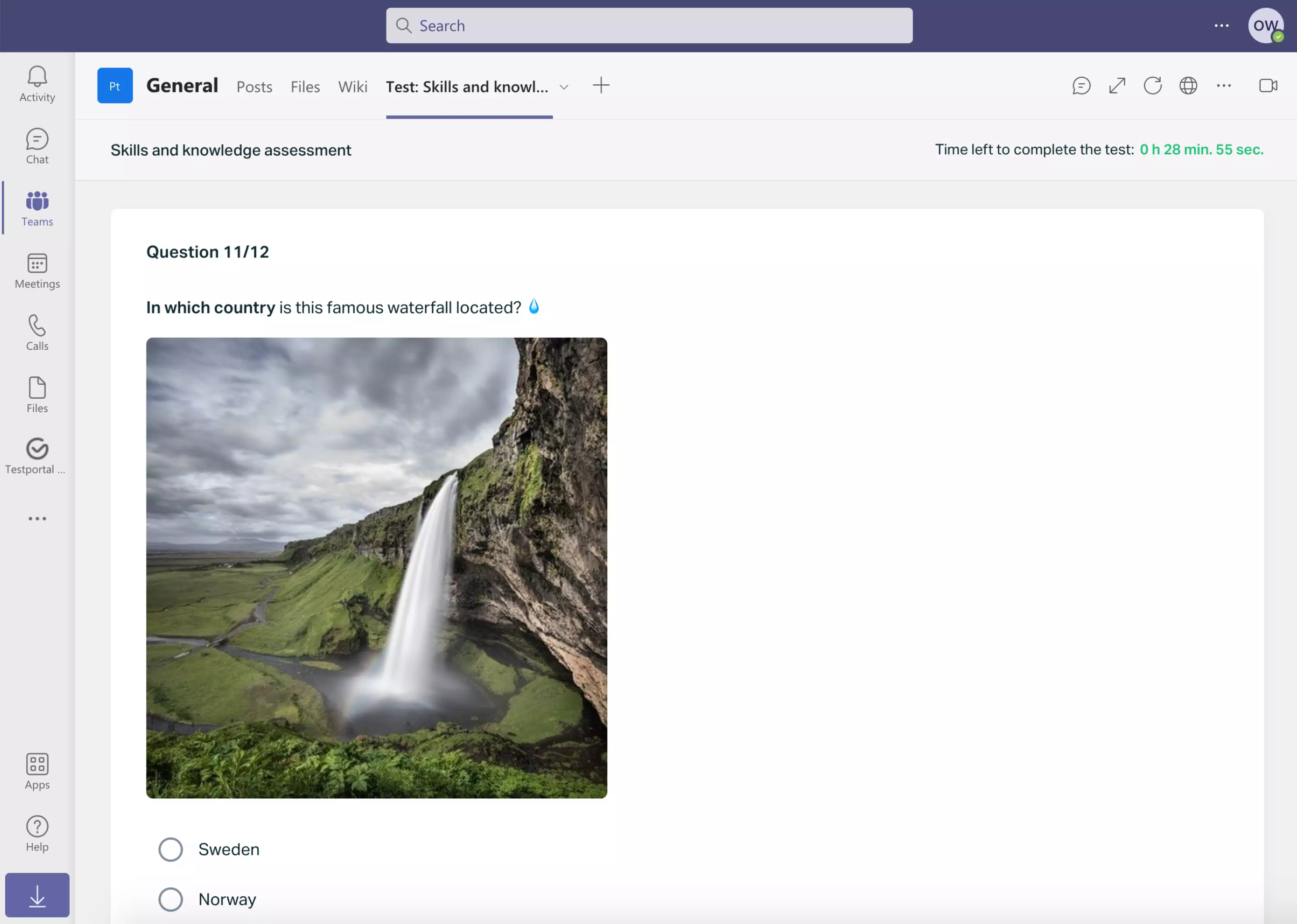   Testportal for Microsoft Teams online test question with an image of a waterfall.