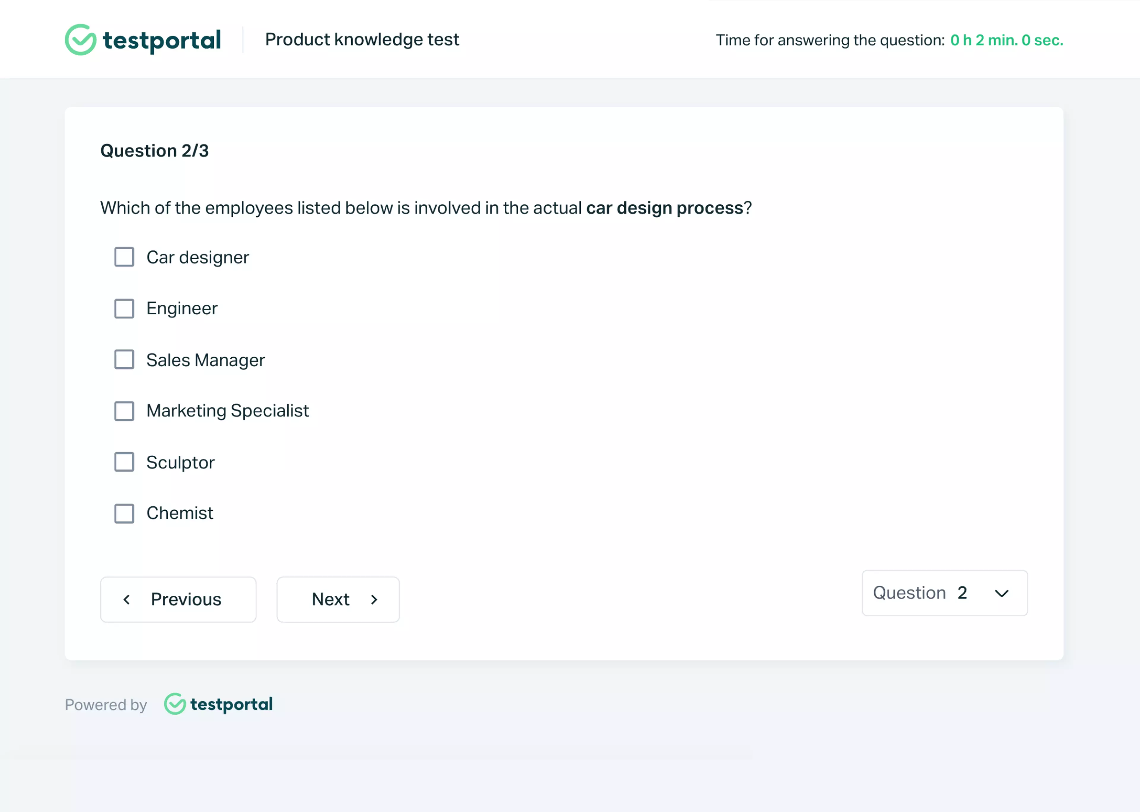   Testportal app view with an online test multiple-choice question and six alternatives.