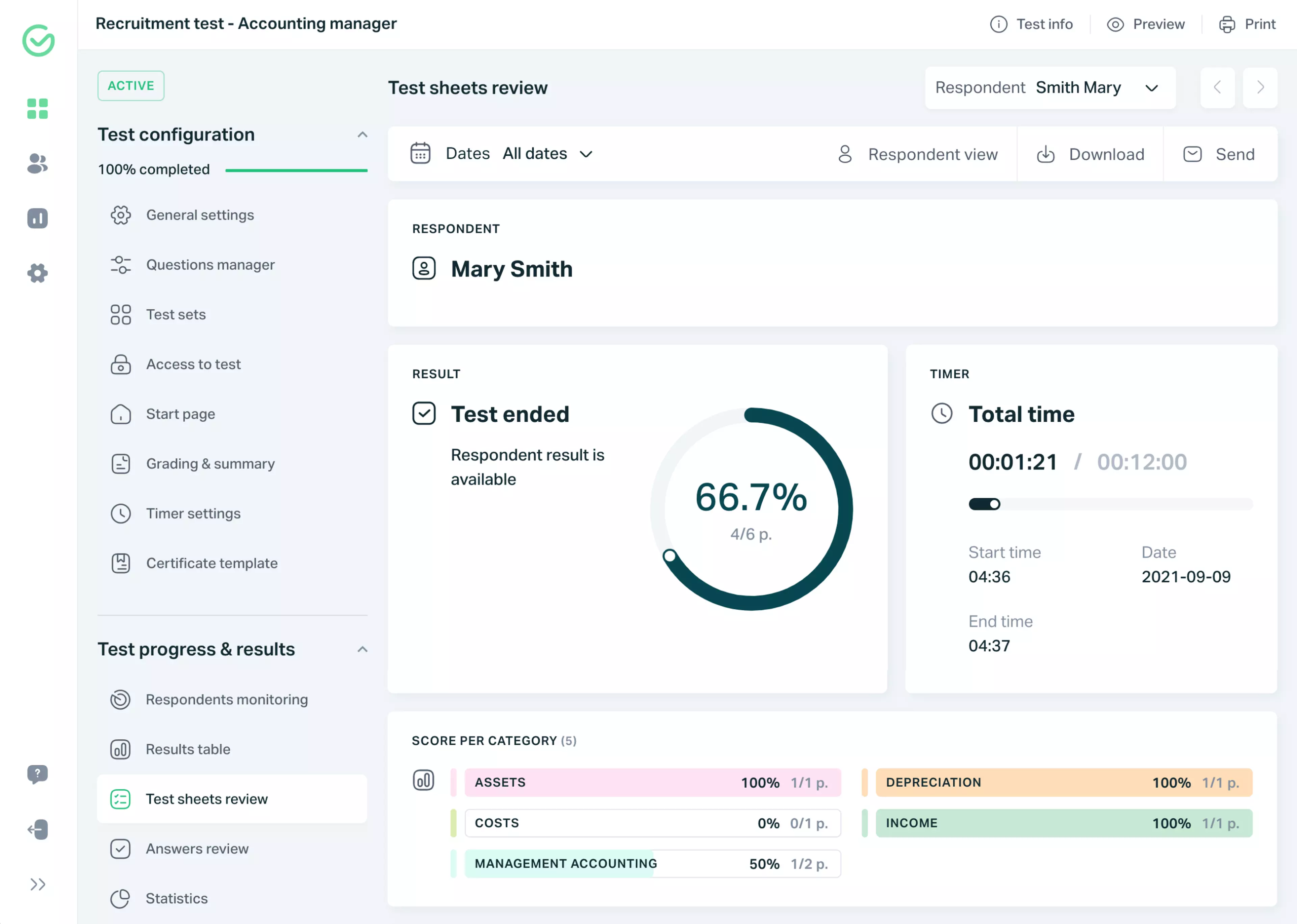 Testportal app screen with full results of a test respondent.