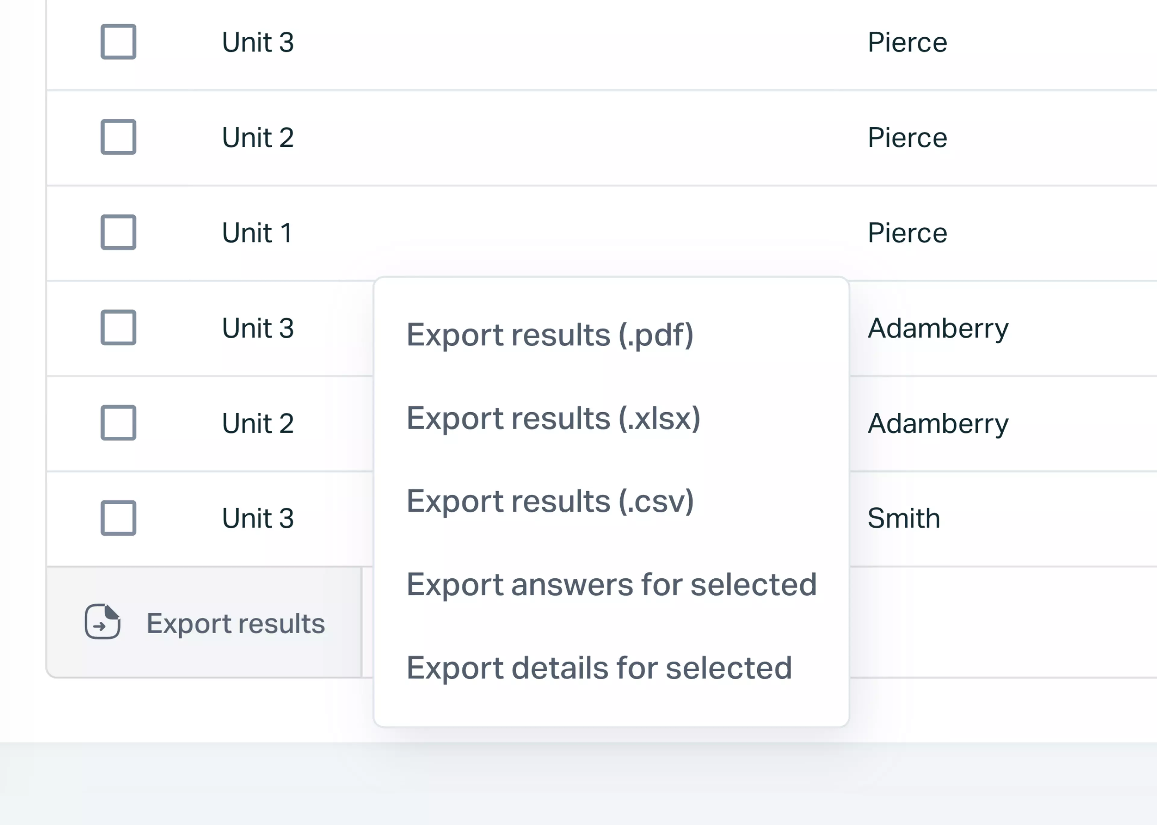   Testportal app screen showing result export settings.