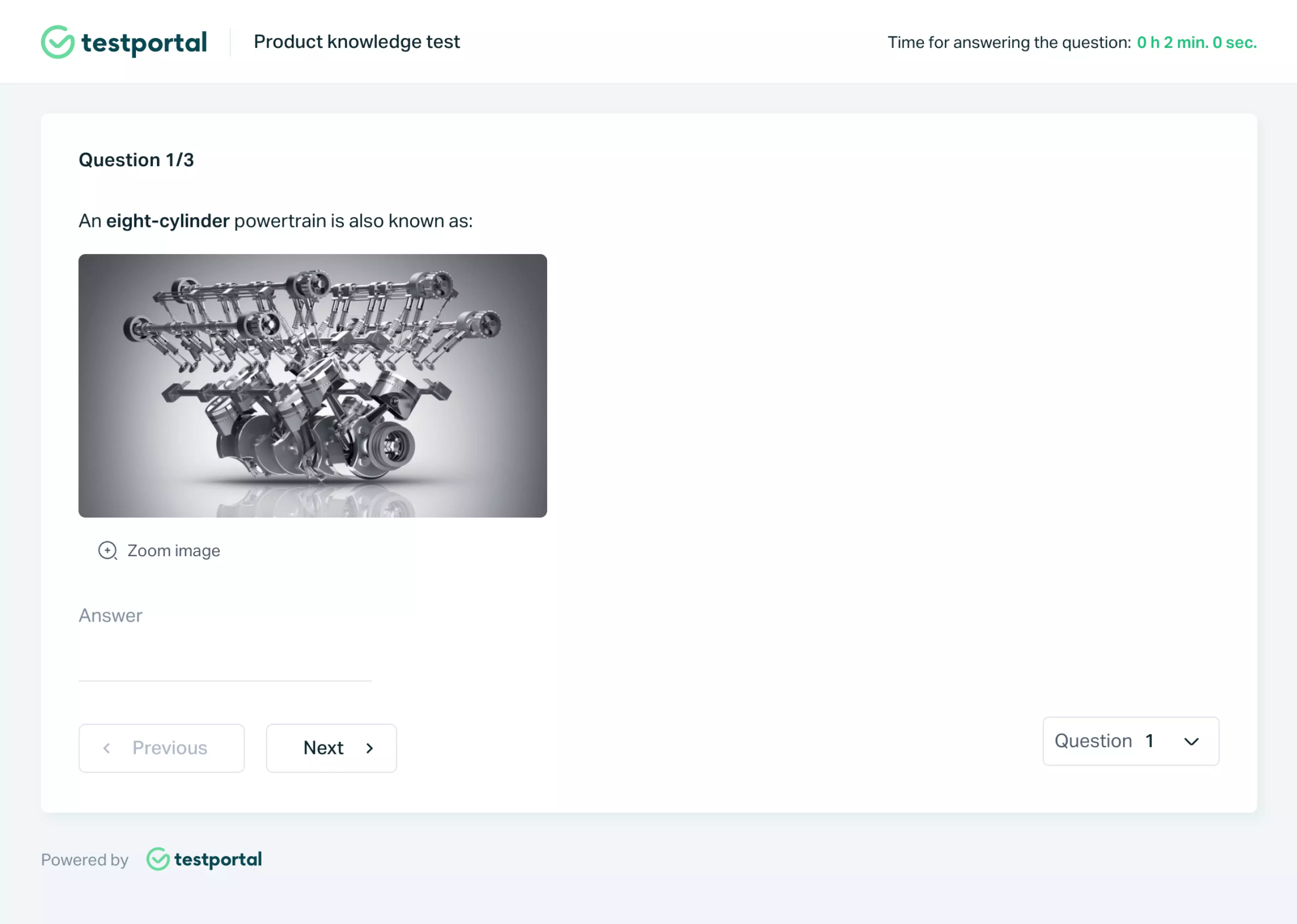 Testportal app view showing a question with a car engine image.