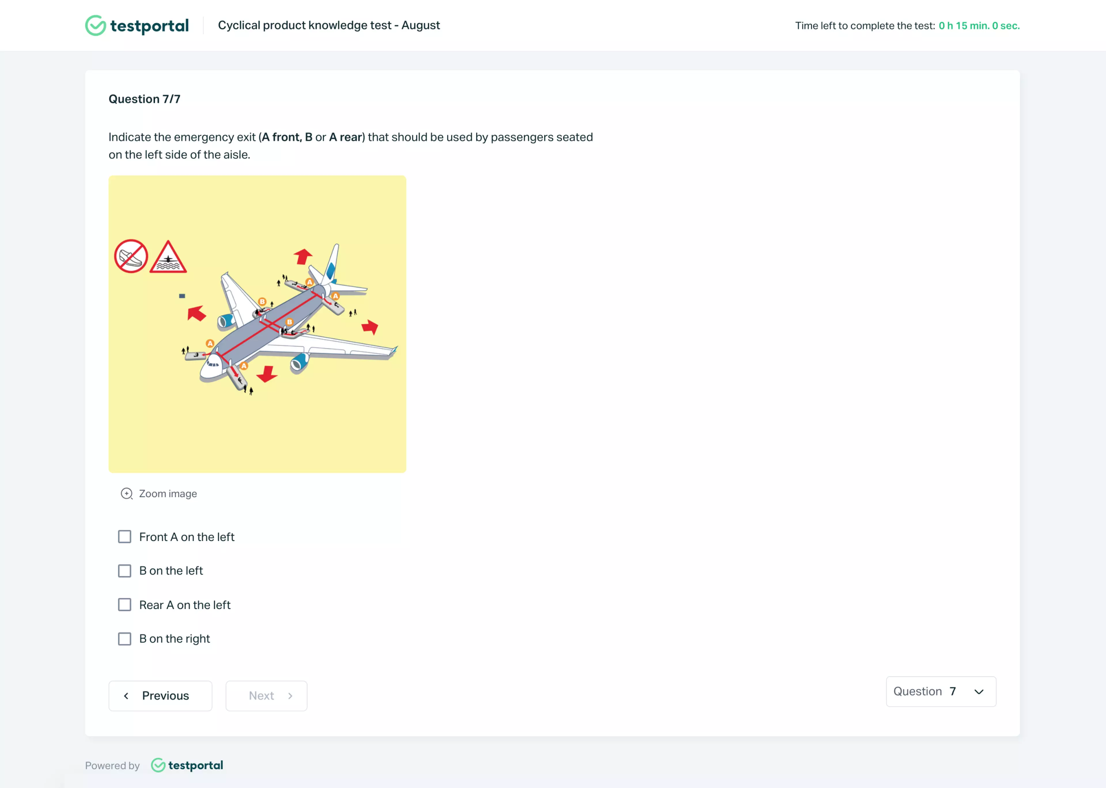   Testportal app screen showing a multiple-choice question with a diagram of plane evacuation.