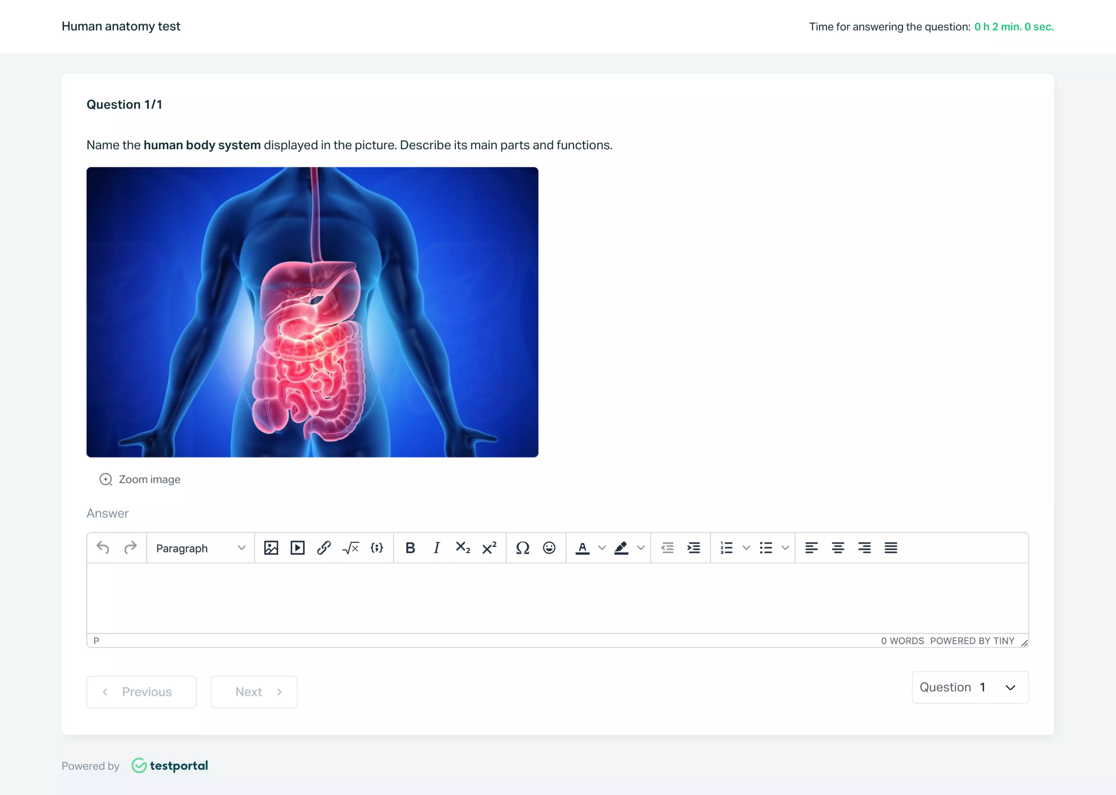 Testportal online quiz question with an image of human body and its organs.