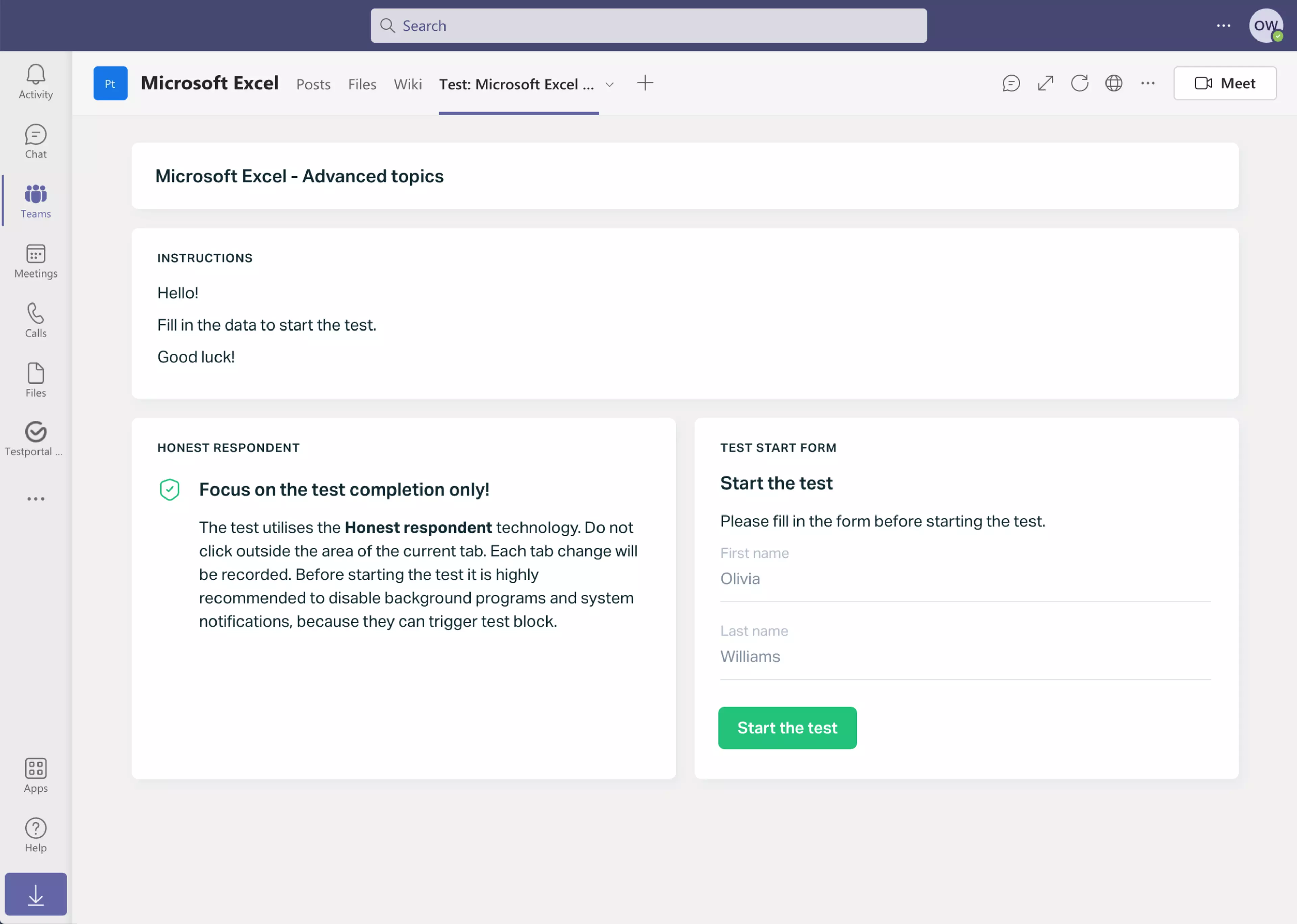   Testportal for Microsoft Teams app screen with test start page.