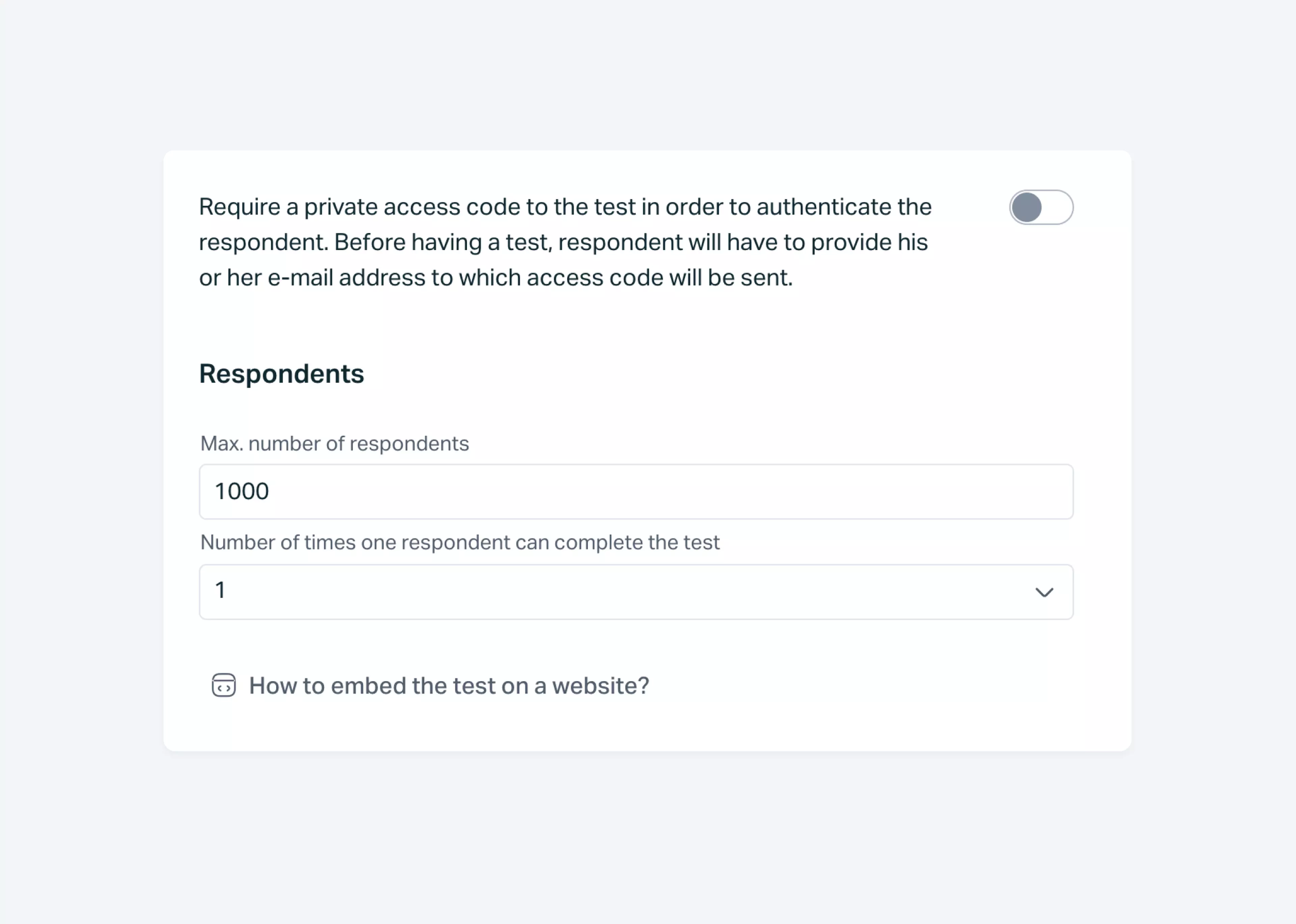   Testportal app screen showing number of respondents settings.