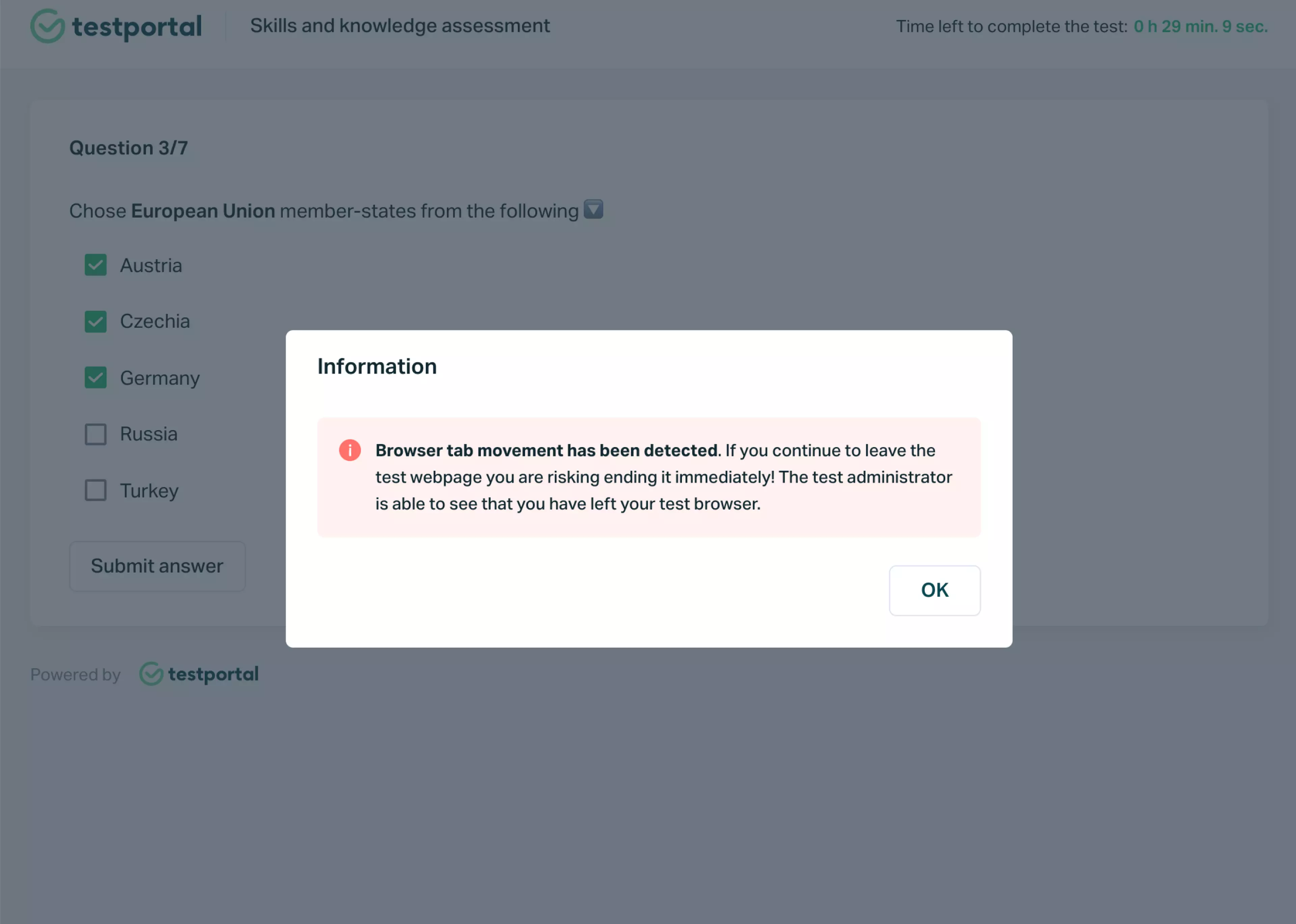 Testportal app screen displaying Honest Respondent Technology warning.  