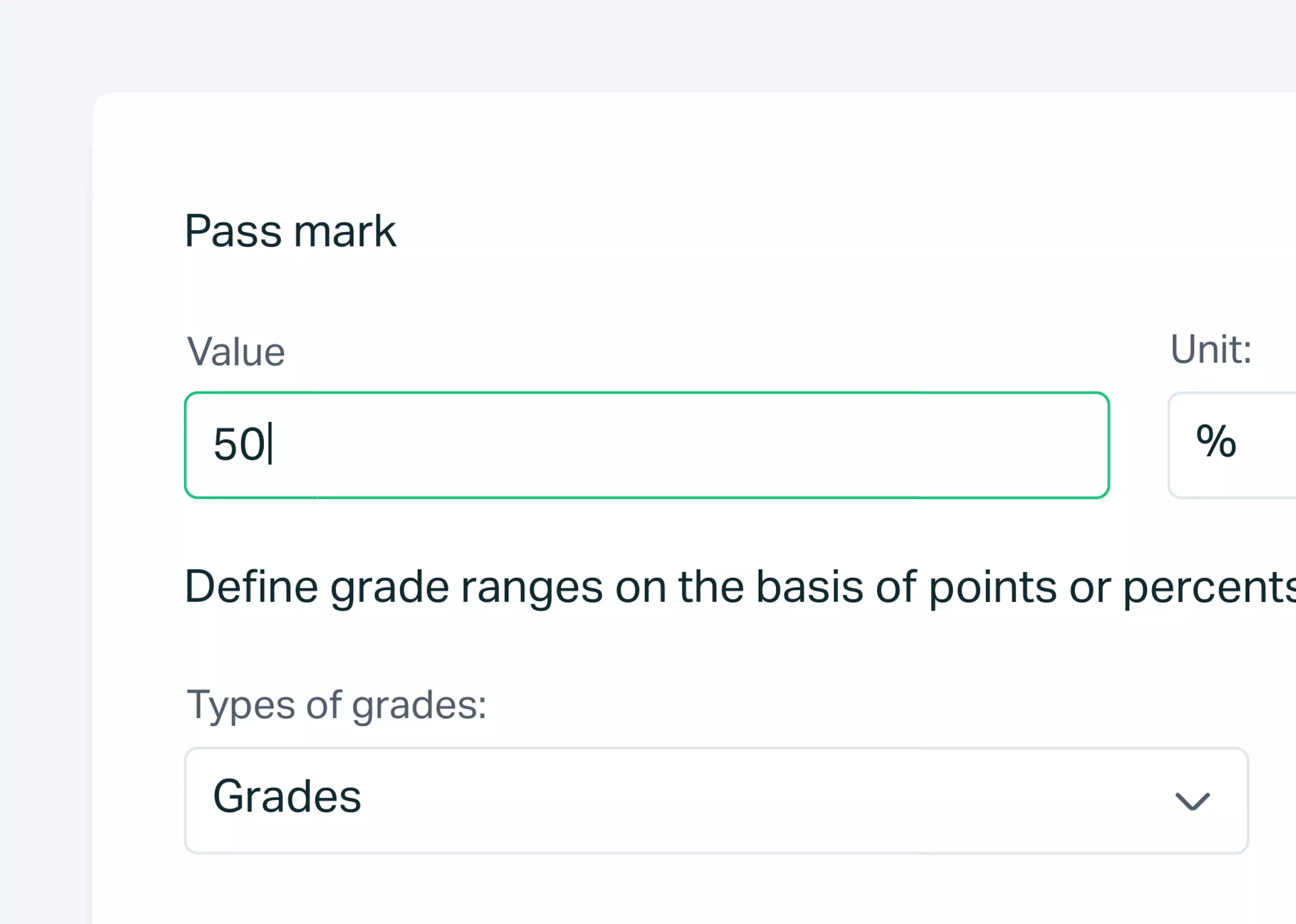   Testportal app screen showing test pass mark settings.