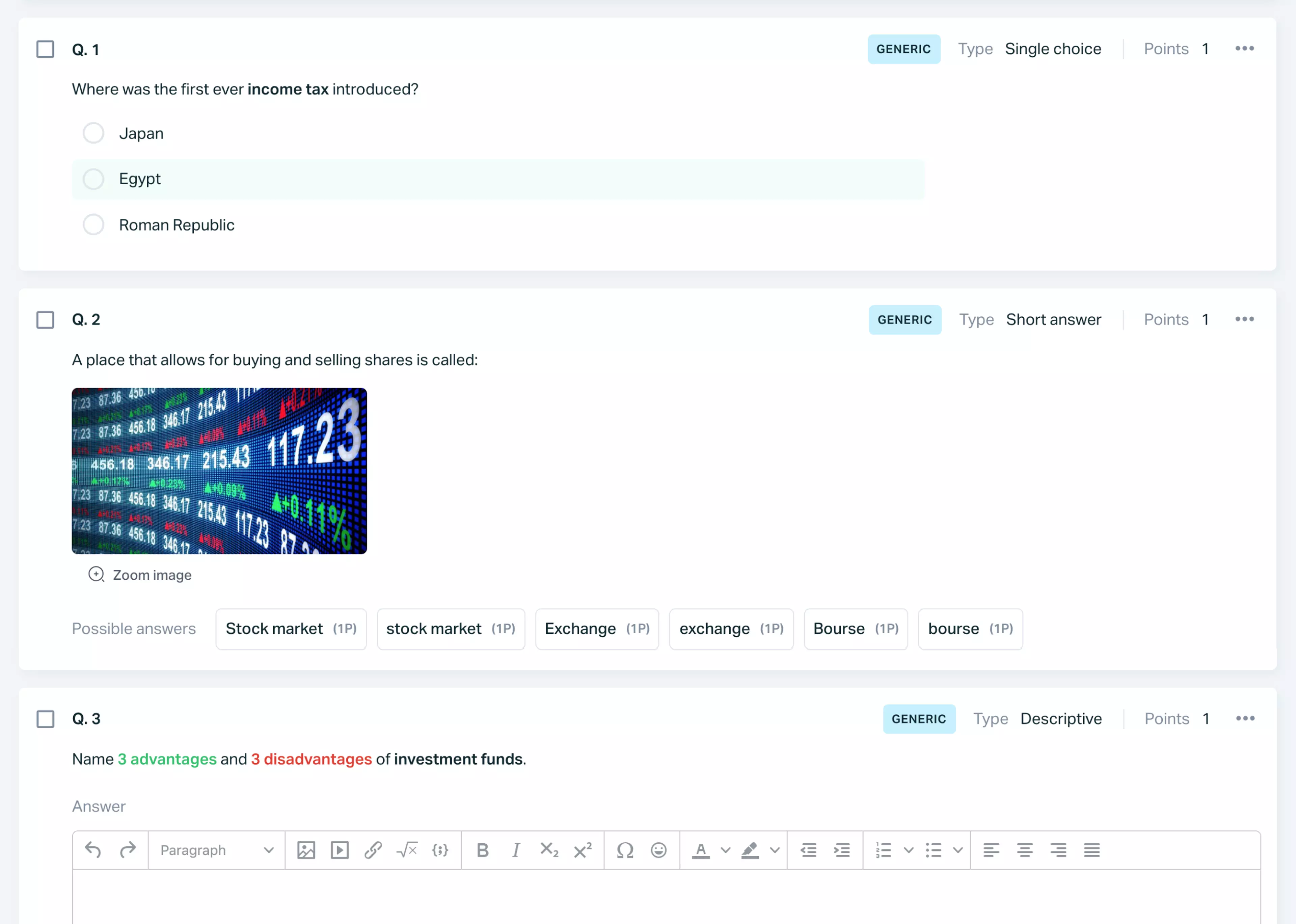 Testportal app view with three different questions: a multiple-choice, a short answer and a descriptive one.