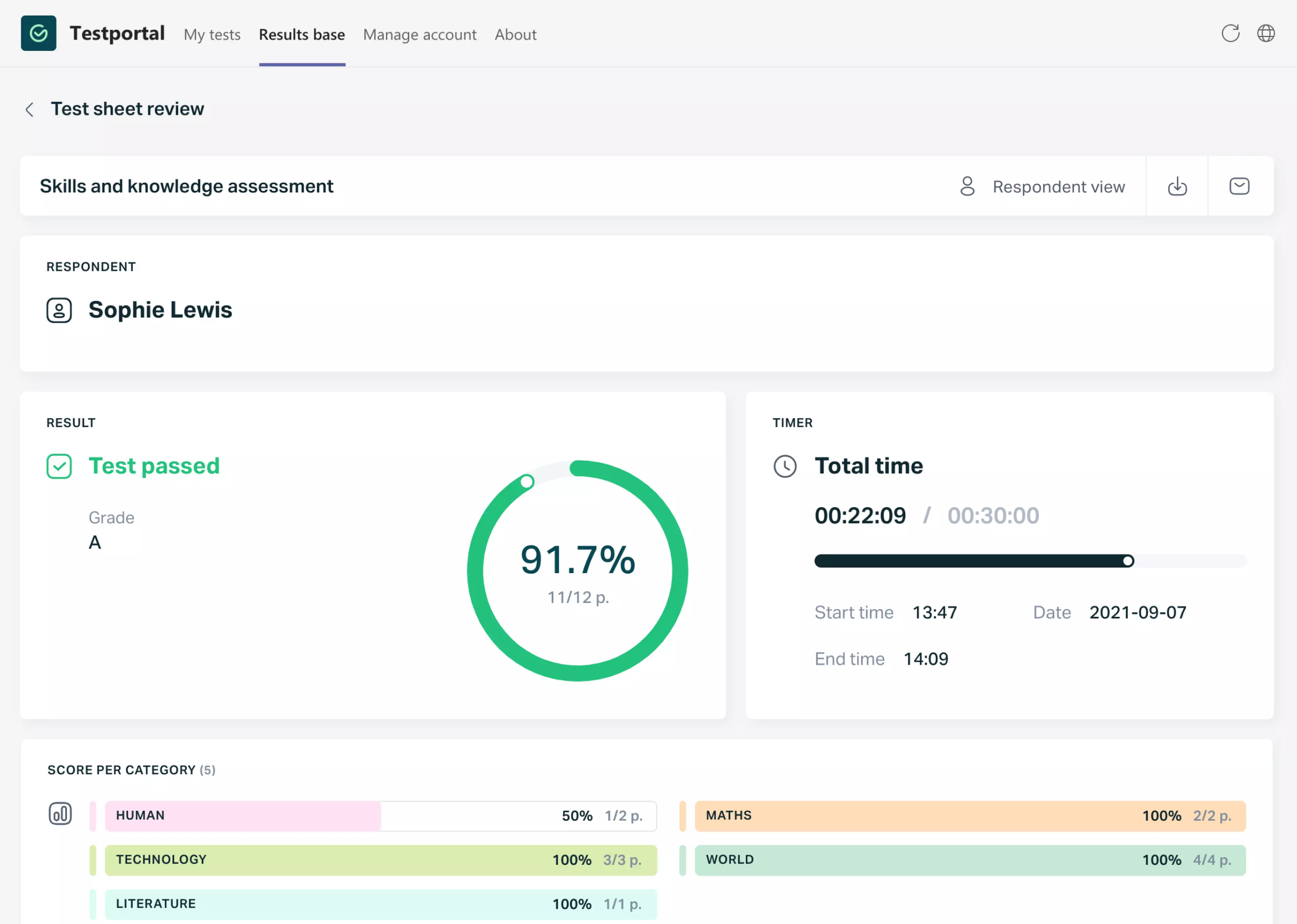   Testportal app respondent's test results view..