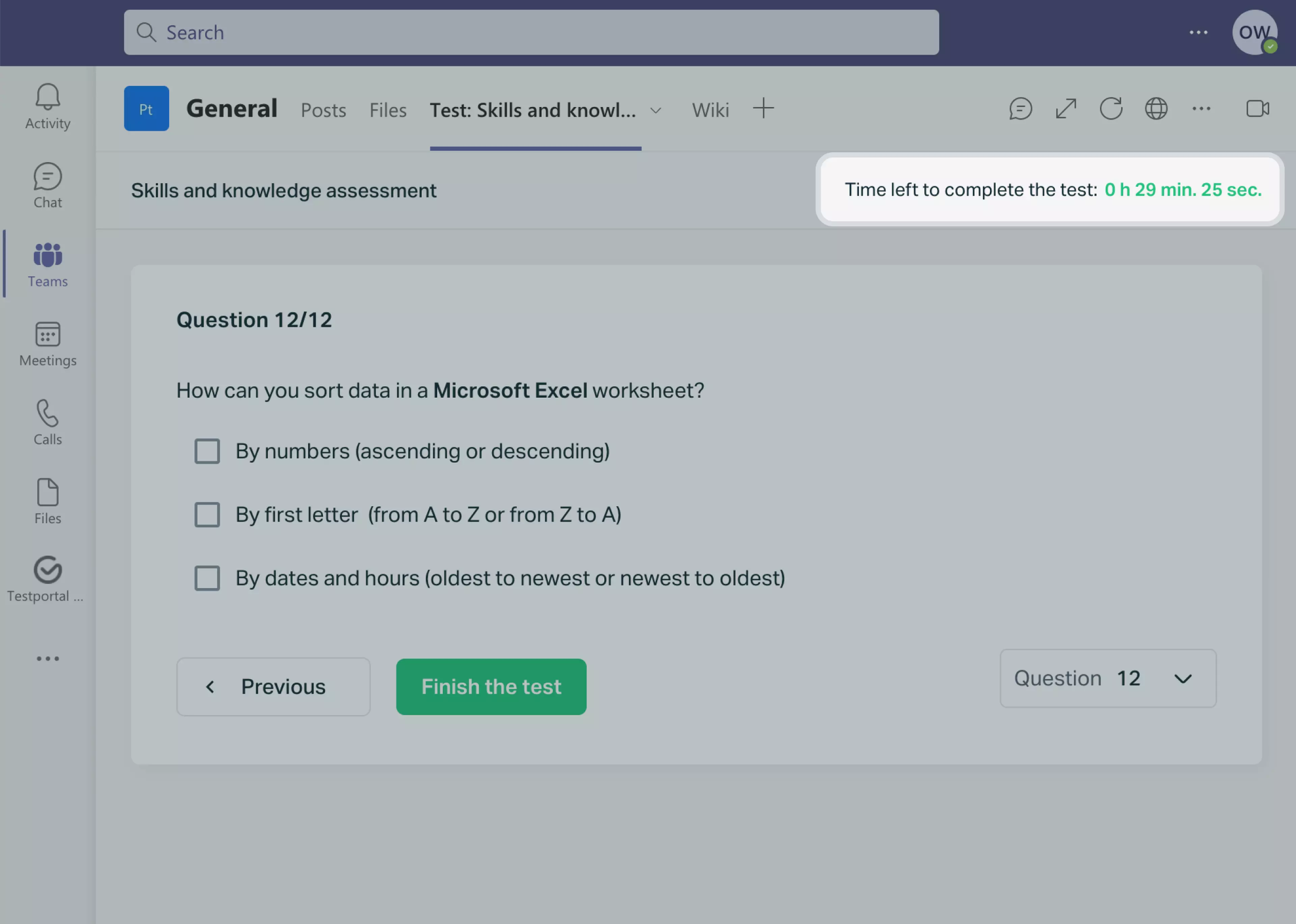   Testportal for Microsoft Teams app view showing a question and time left to complete the test.