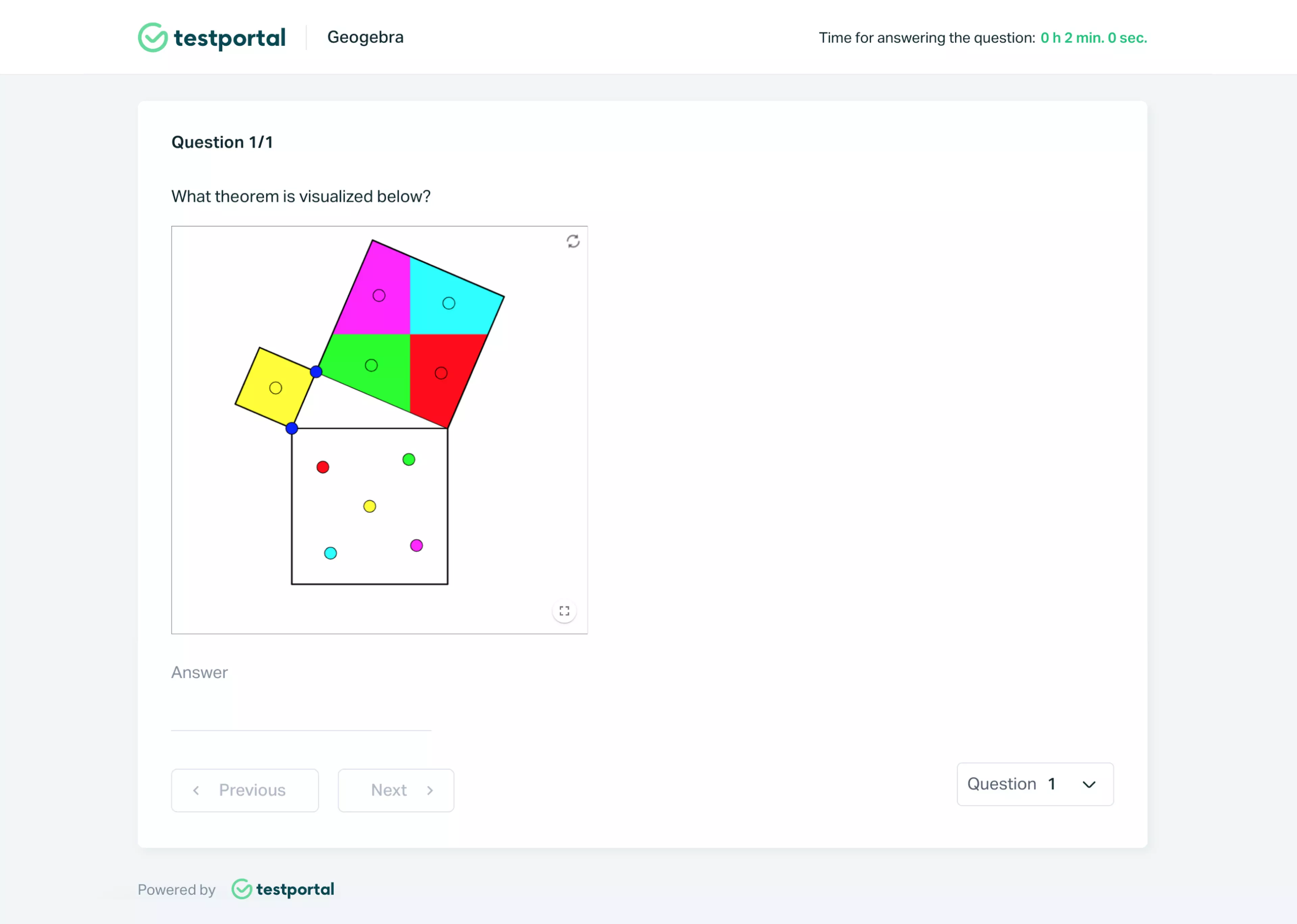 Testportal online test question with a pythagoras theorem image.