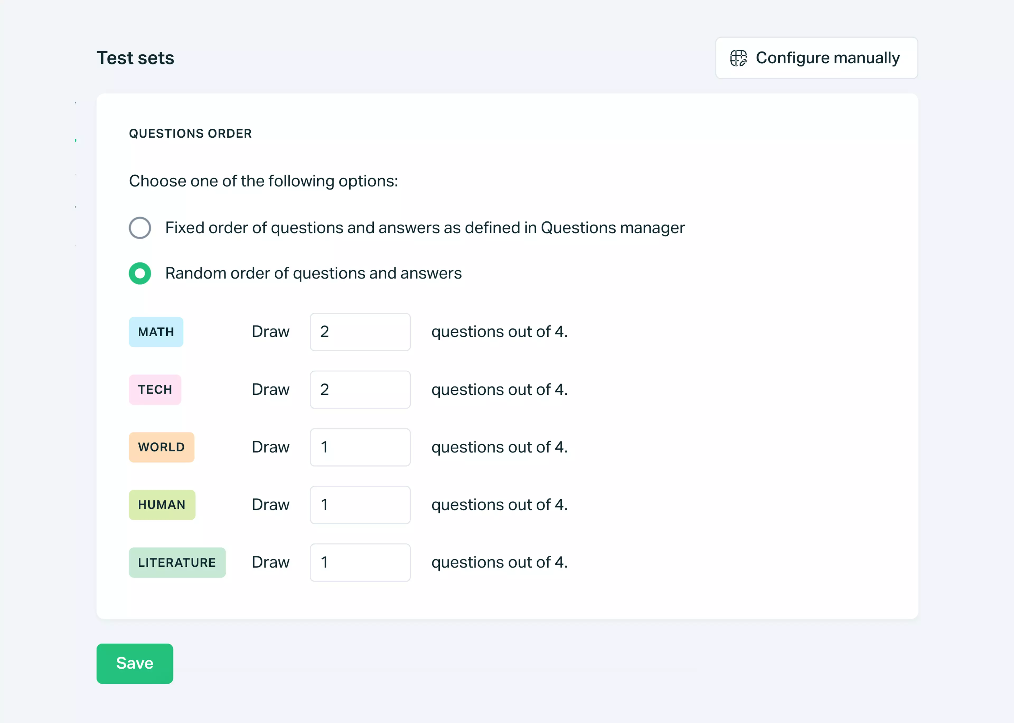   Testportal app screen showing question drawing settings.