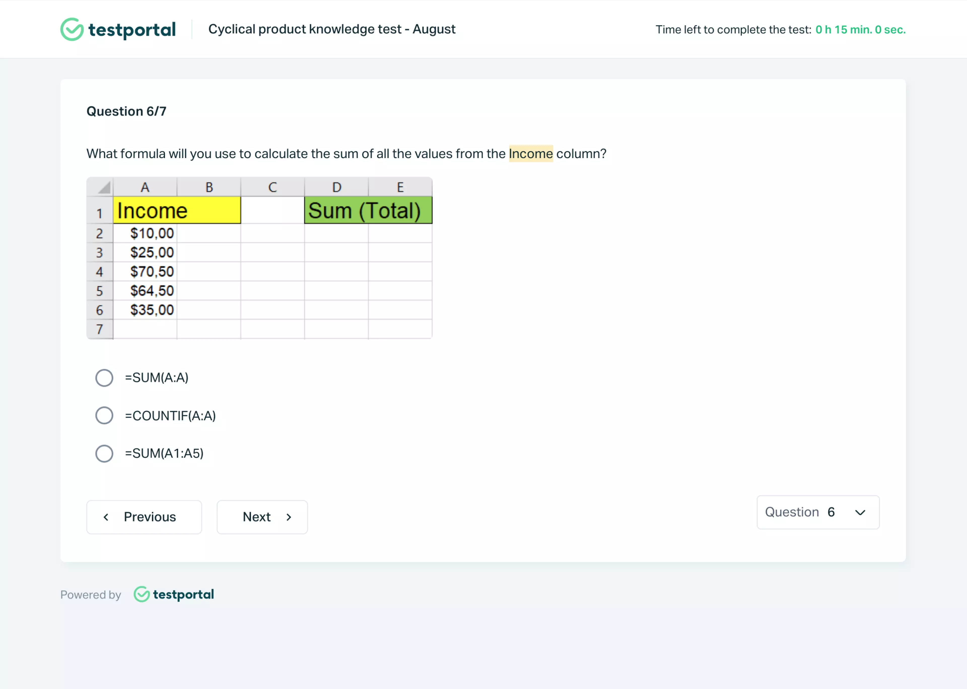   Testportal app screen showing a spreadsheet task.