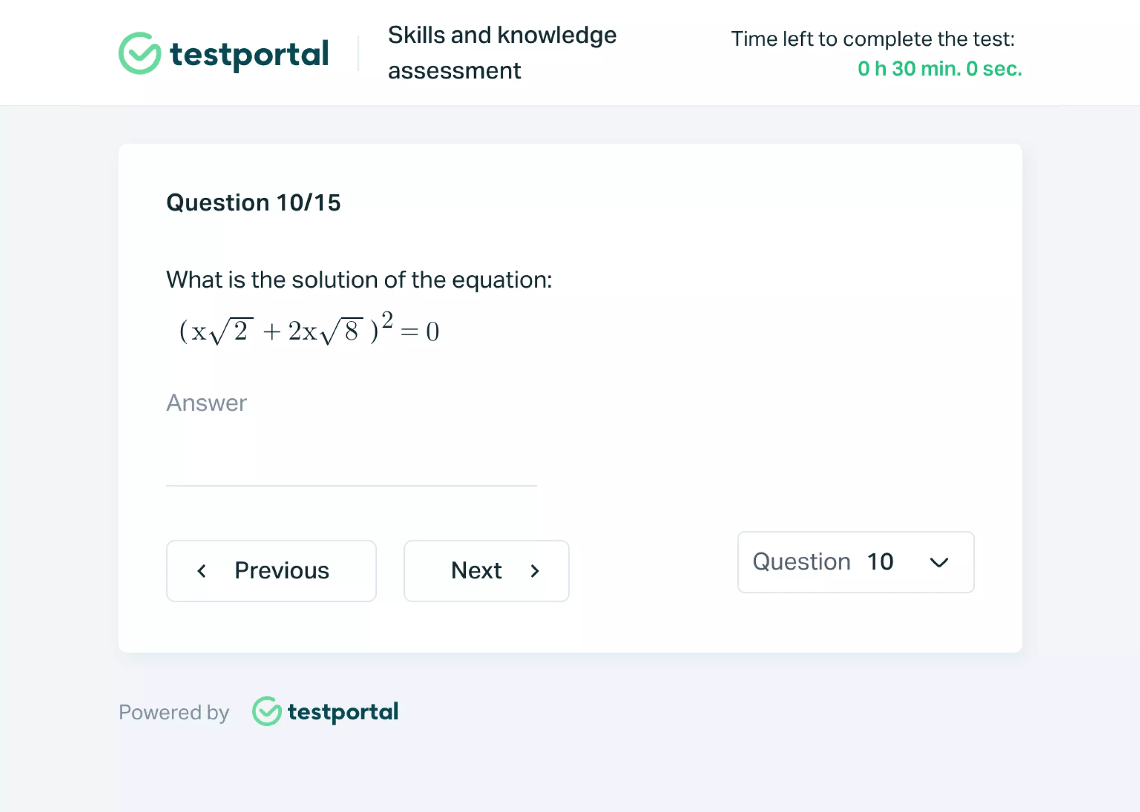 Testportal online test question with a mathematical equation.