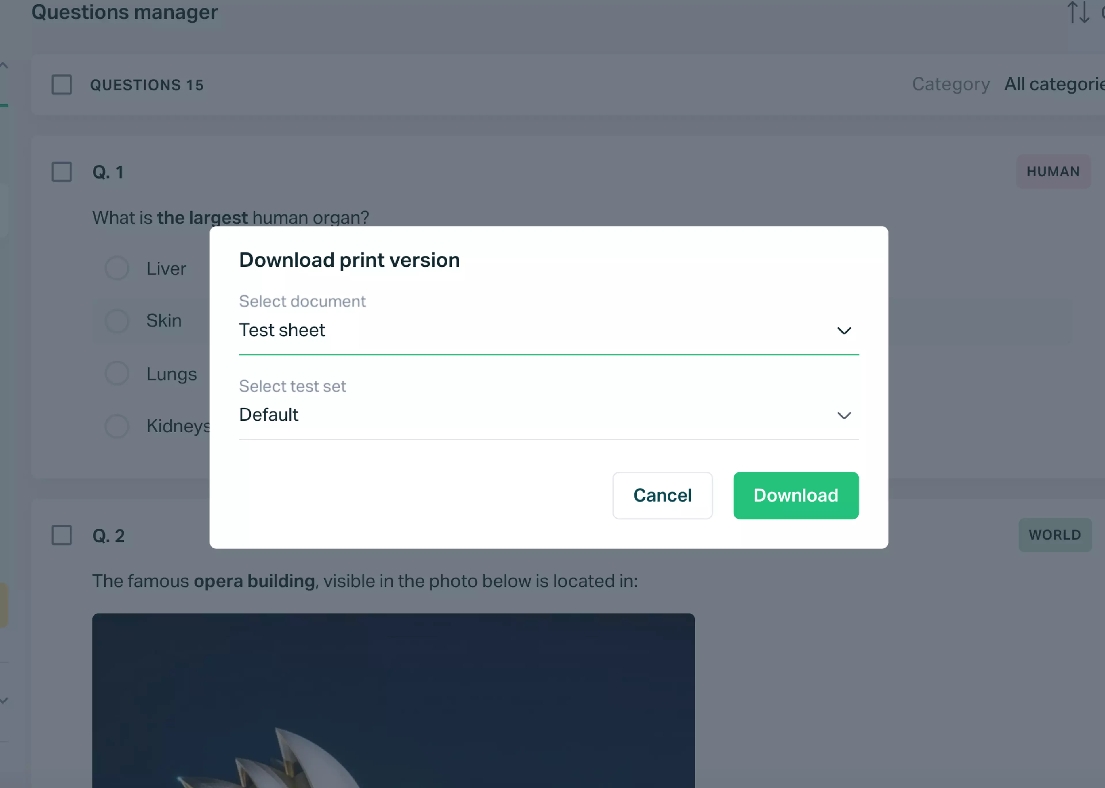   Testportal app view with test sheet download settings.