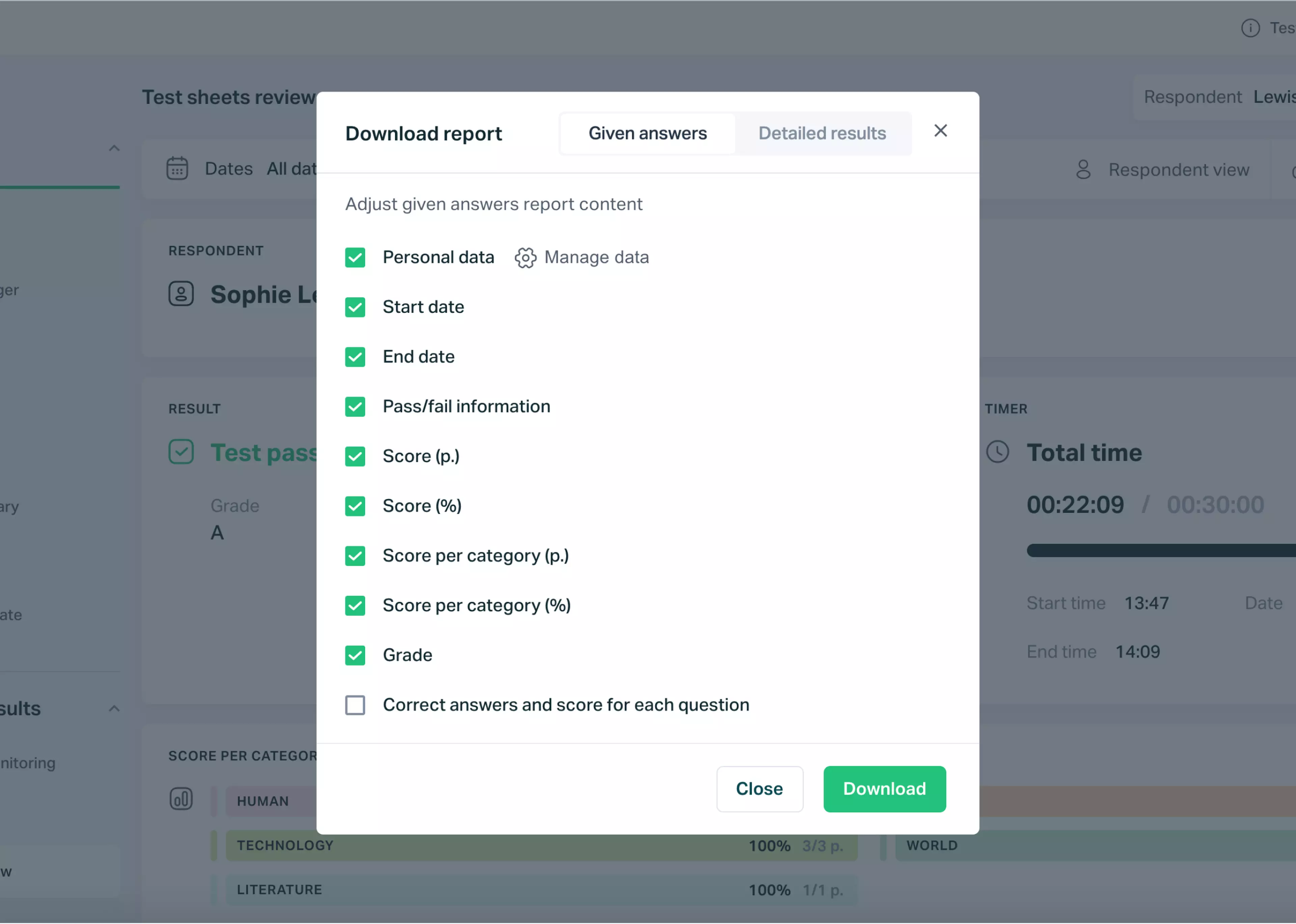   Testportal app online quiz report settings.