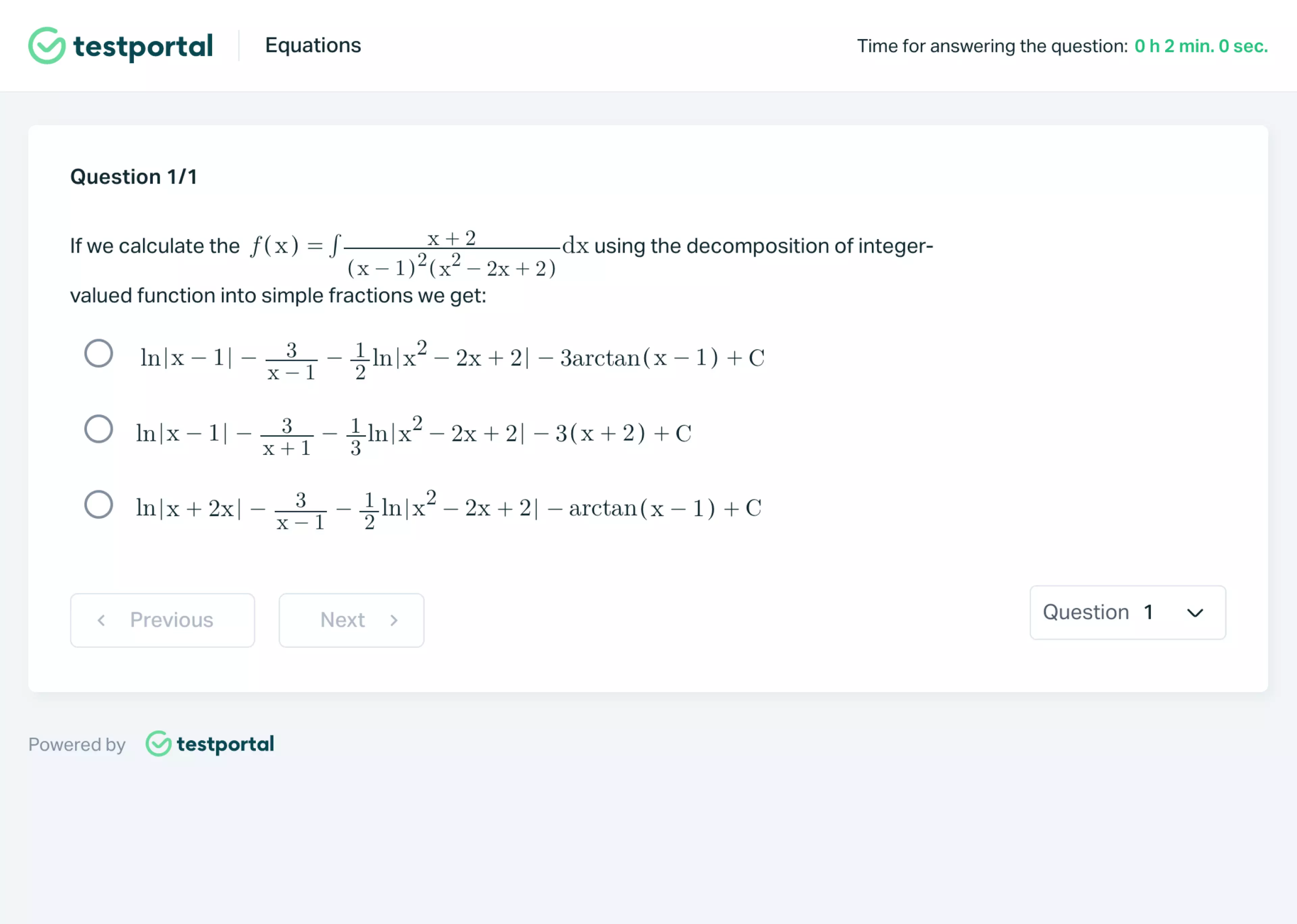 Testportal online test question with a mathematical formula and three possible answers.