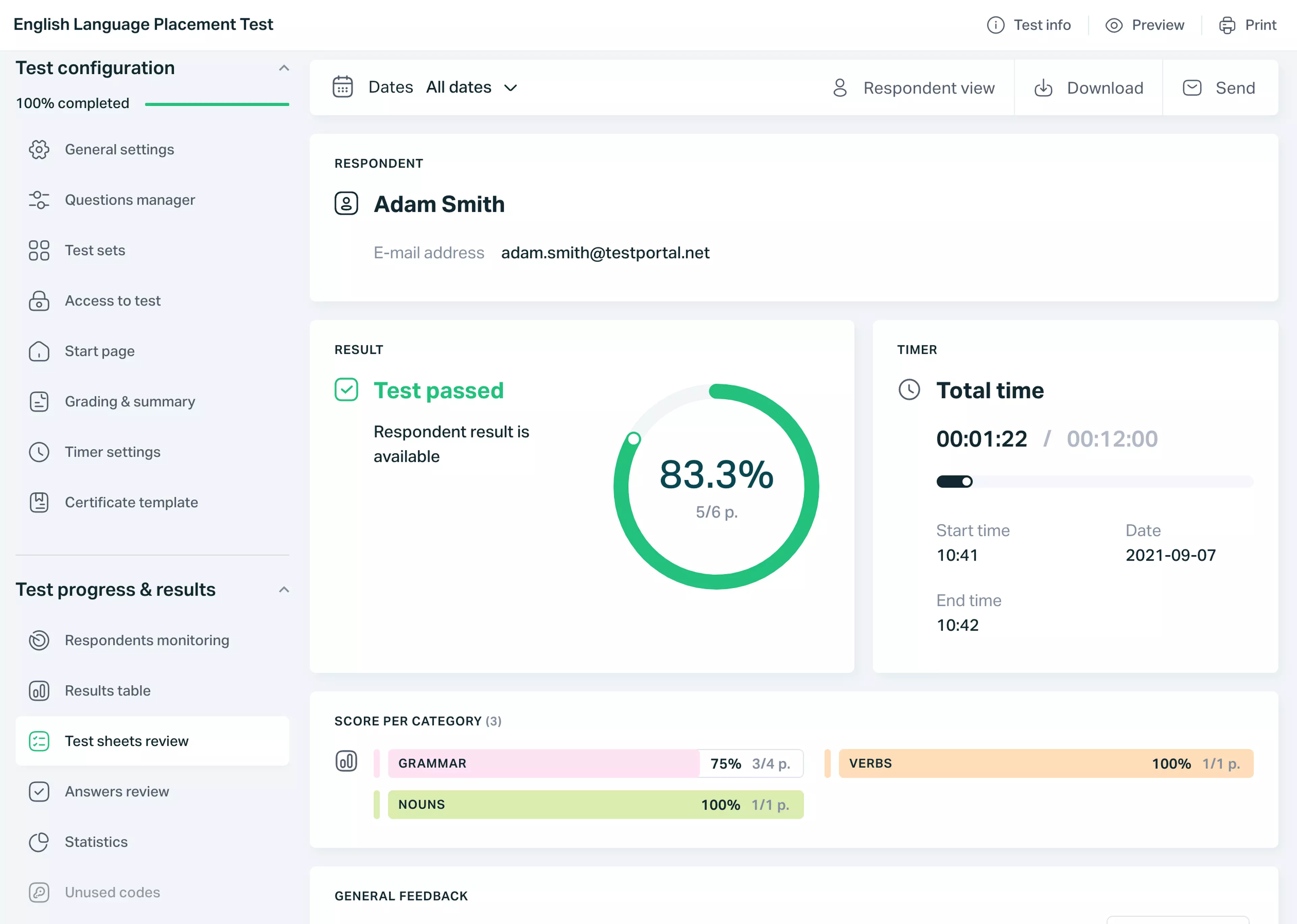   Testportal app view with test online test results page.