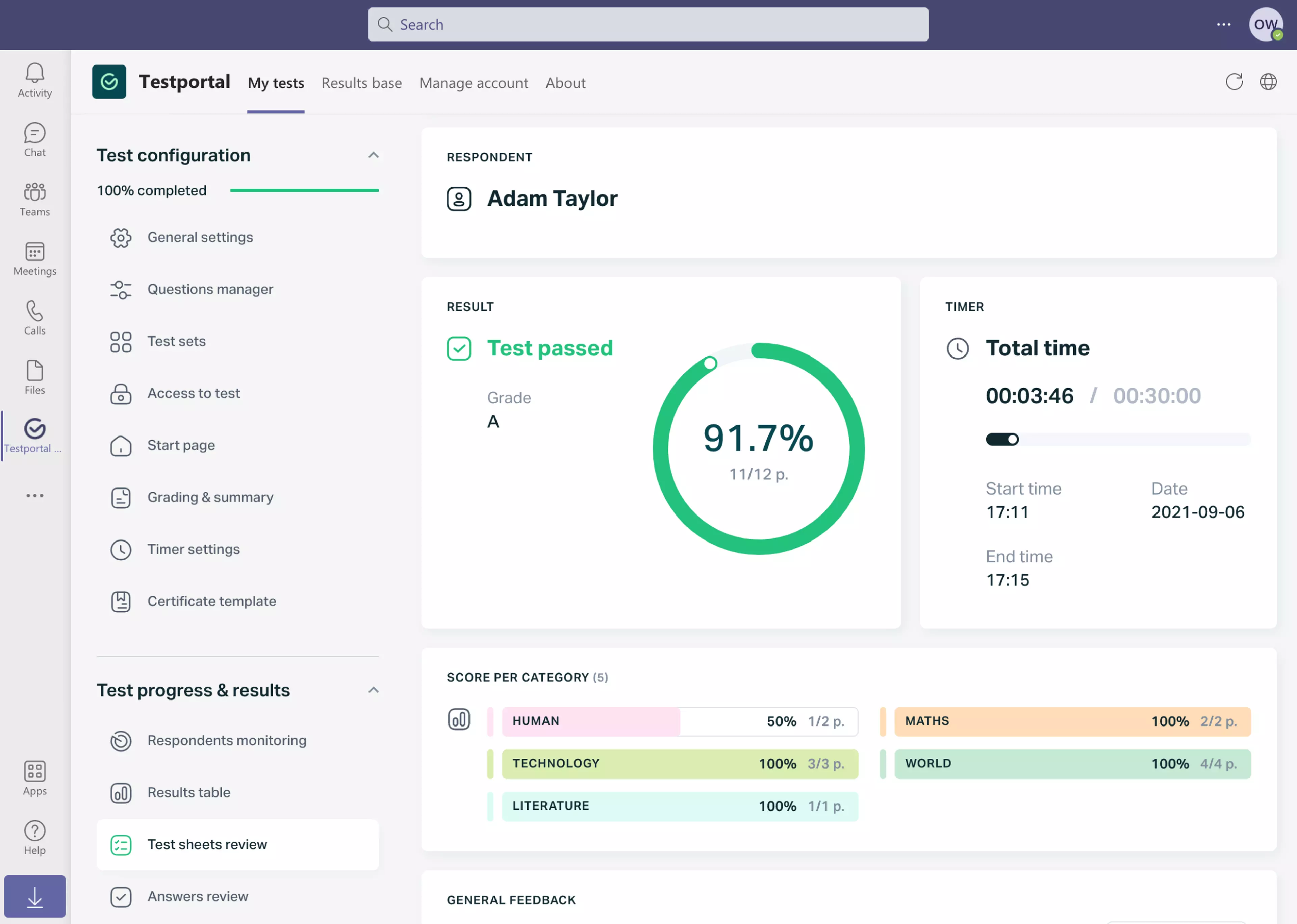 Testportal app screen with respondent's test result details in Microsoft Teams..