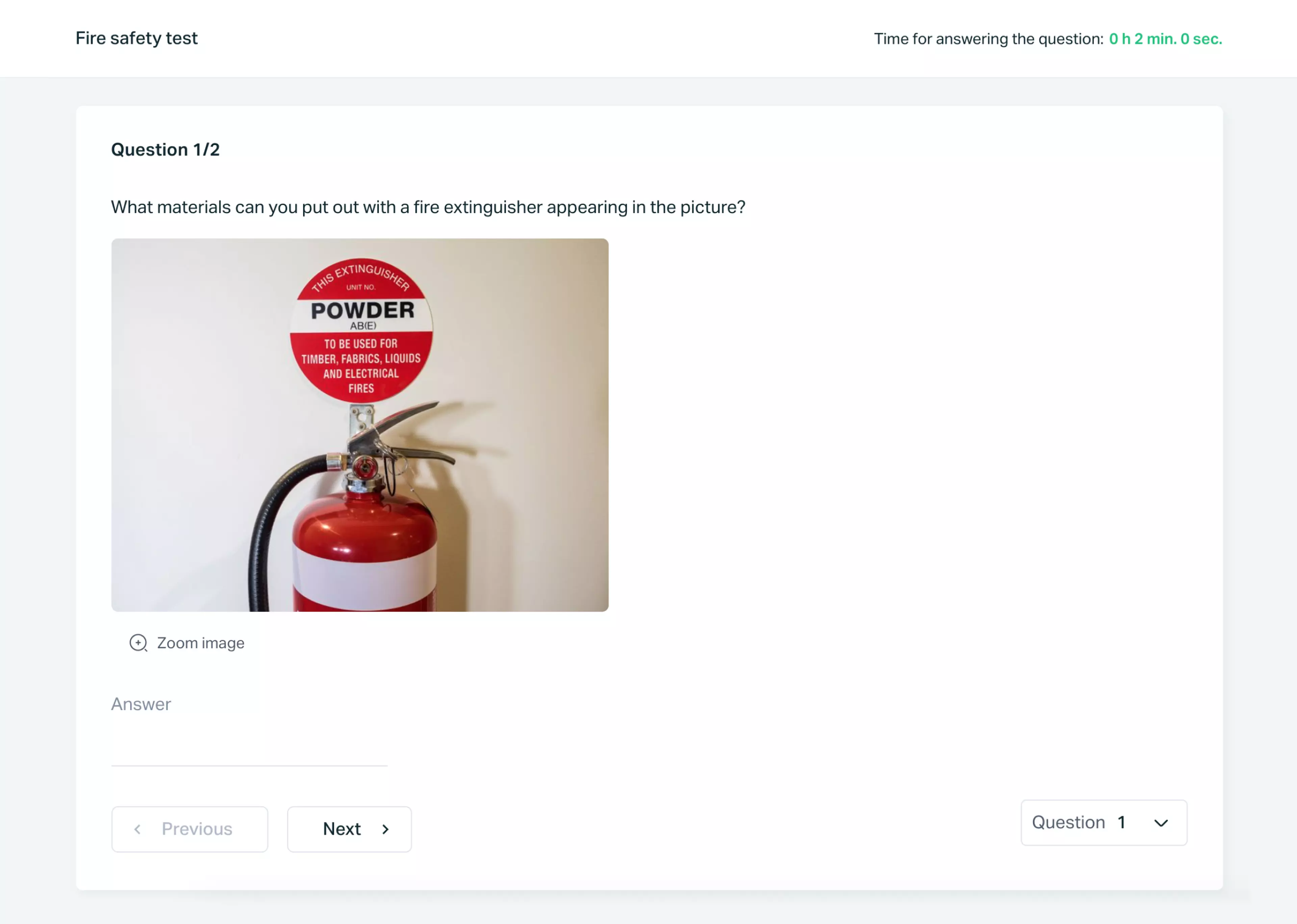 Testportal online quiz question with an image of a fire extinguisher.
