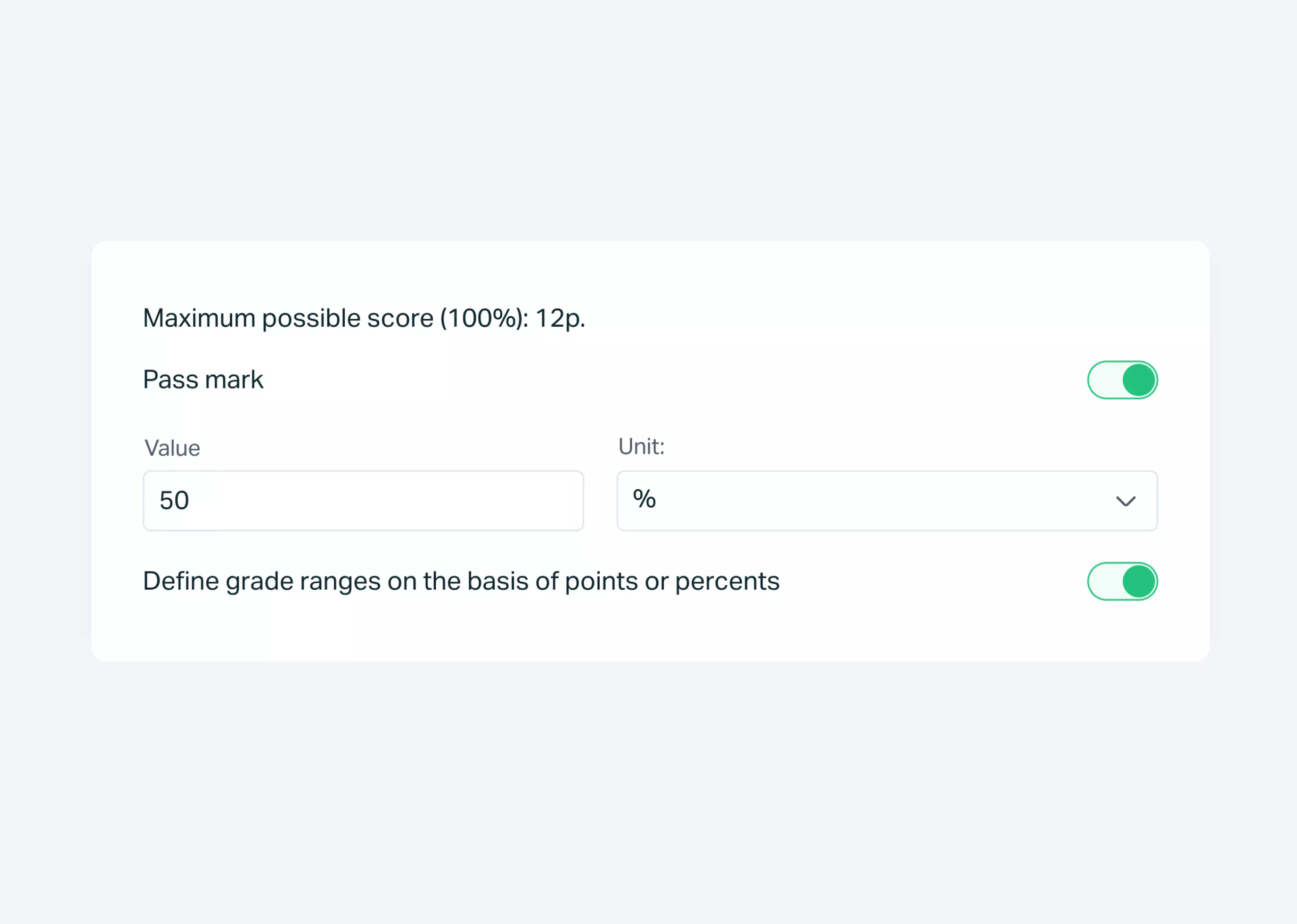 Testportal app view showing online quiz pass mark settings. 