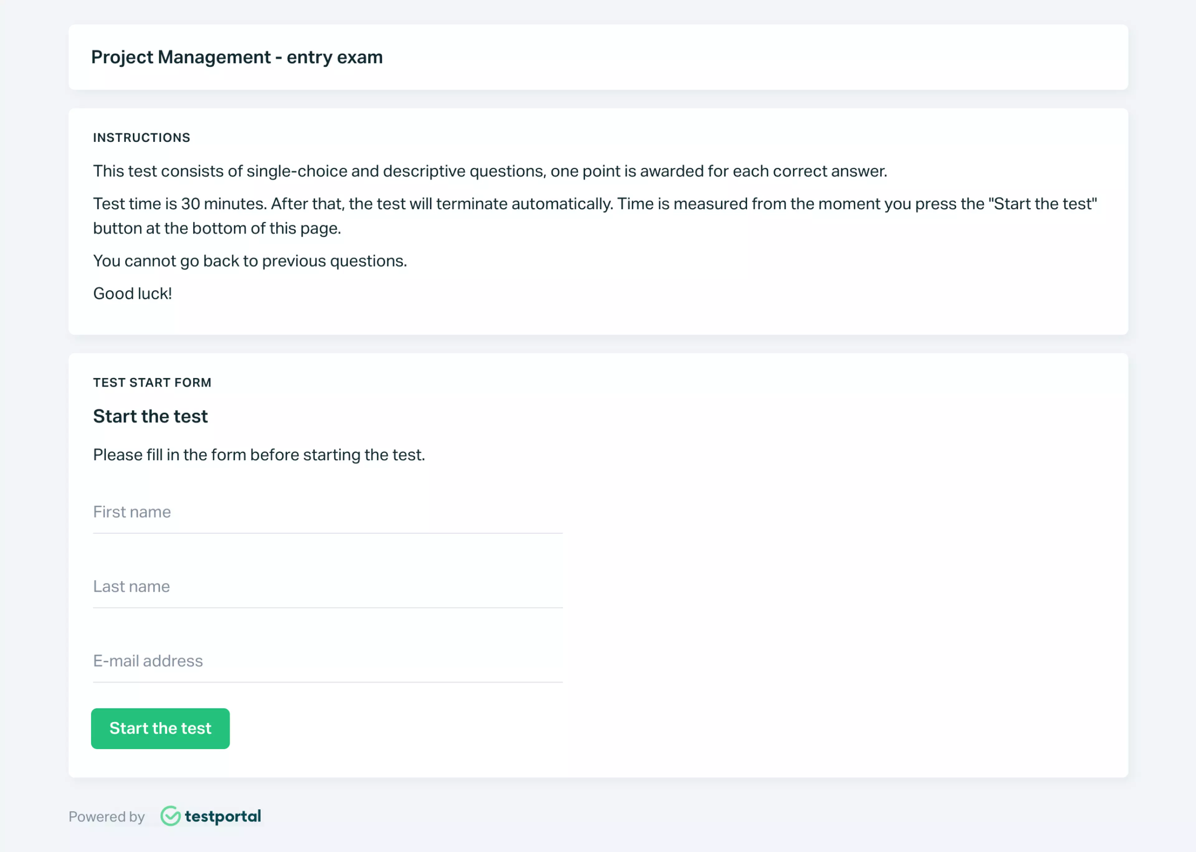   Testportal app view with test instructions for respondents.