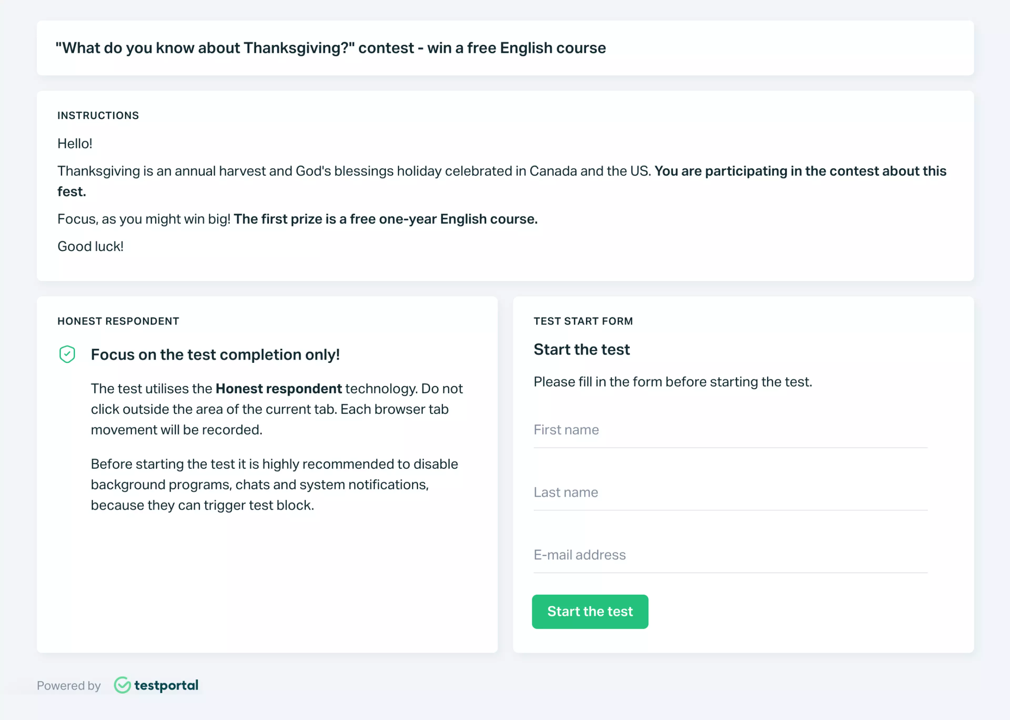 Testportal test start page with respondent instructions and a test start form.