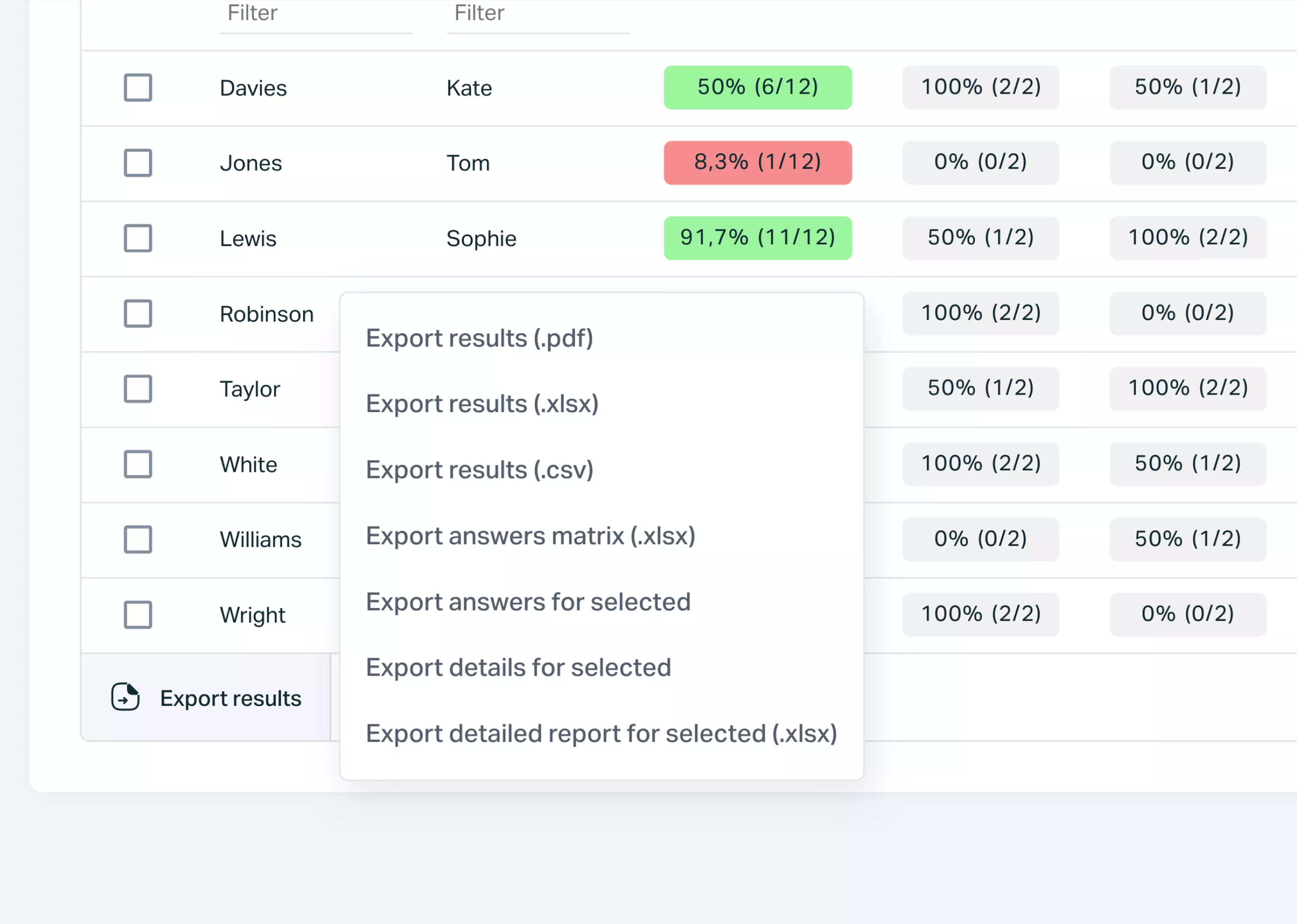   Testportal app screen showing respondents' final score export modes.