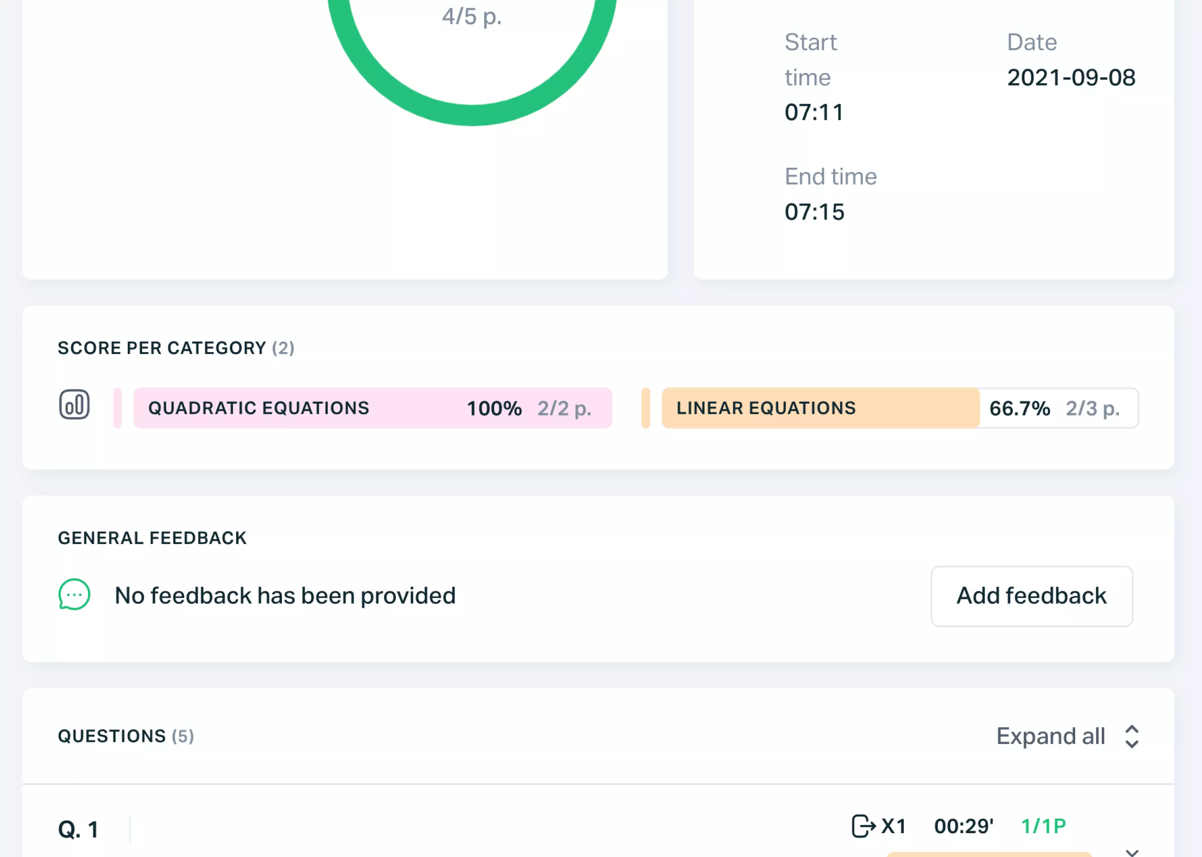   Testportal app screen showing test score per category.