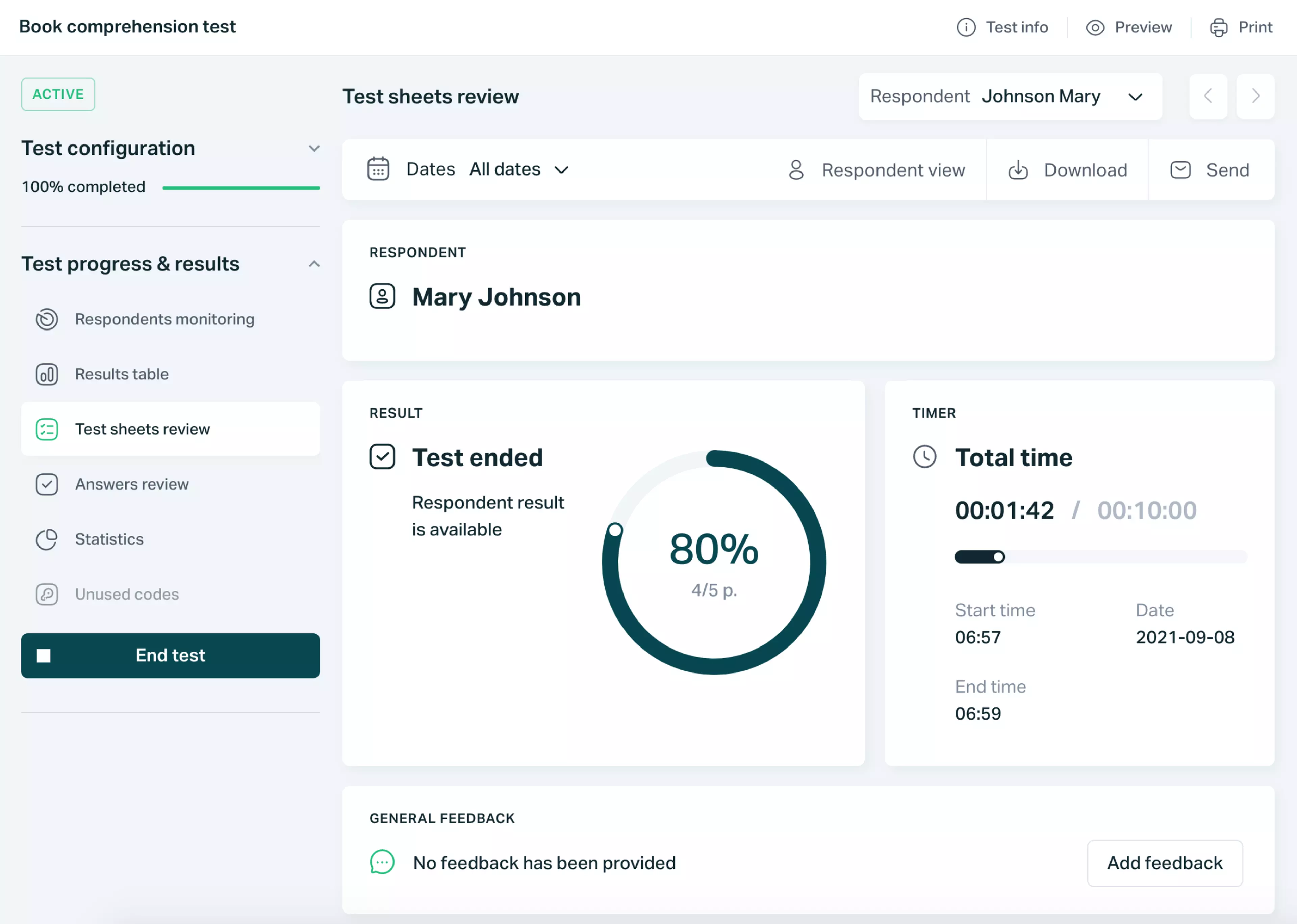   Testportal app screen showing online test results.