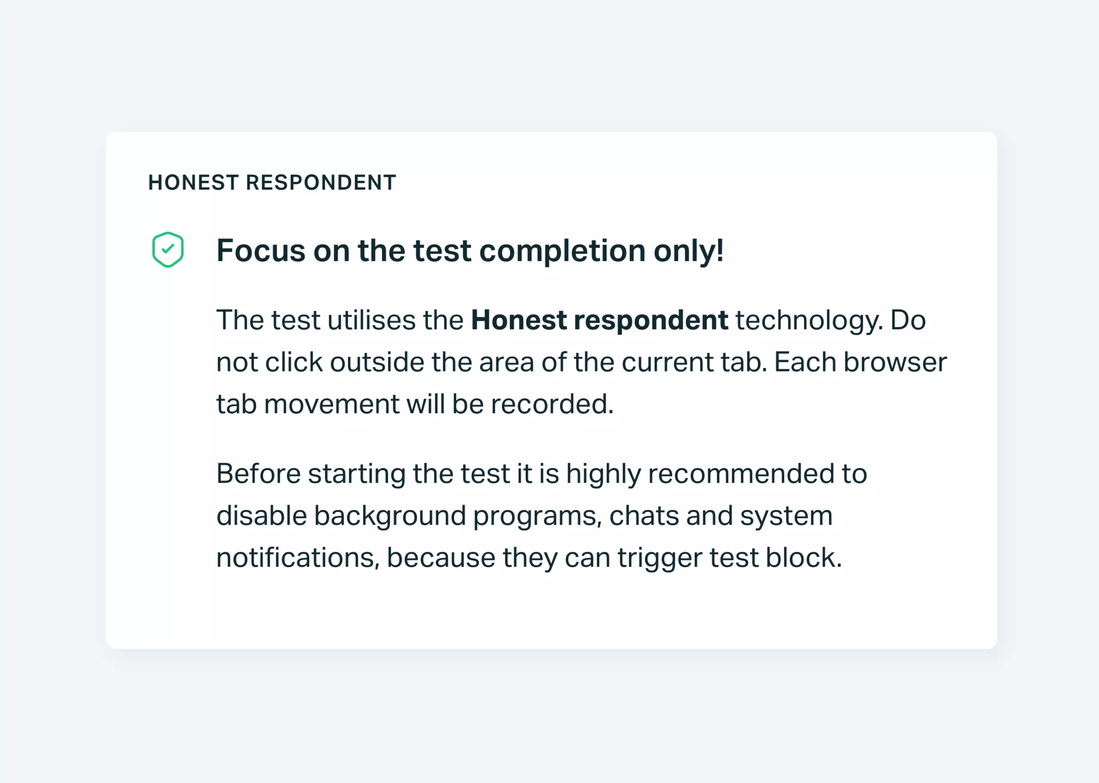   Testportal's Honest Respondent Technology prompt about a possible cheating attempt.