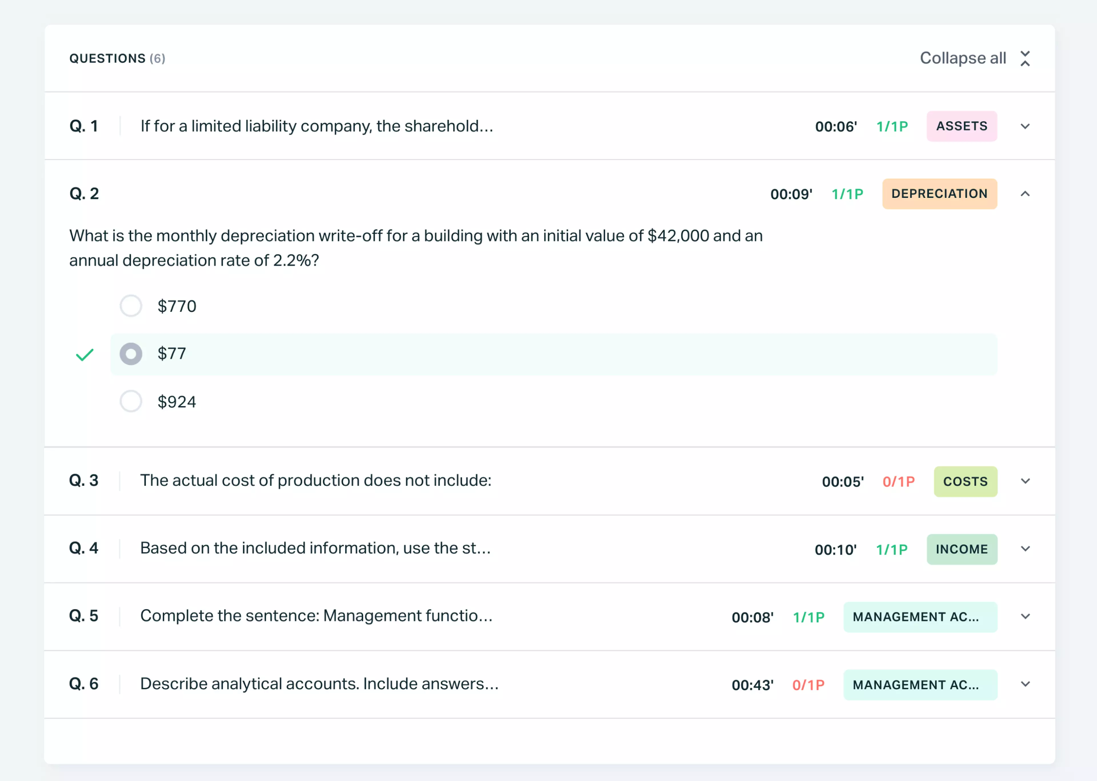 Testportal app view showing six online test questions from different categories.