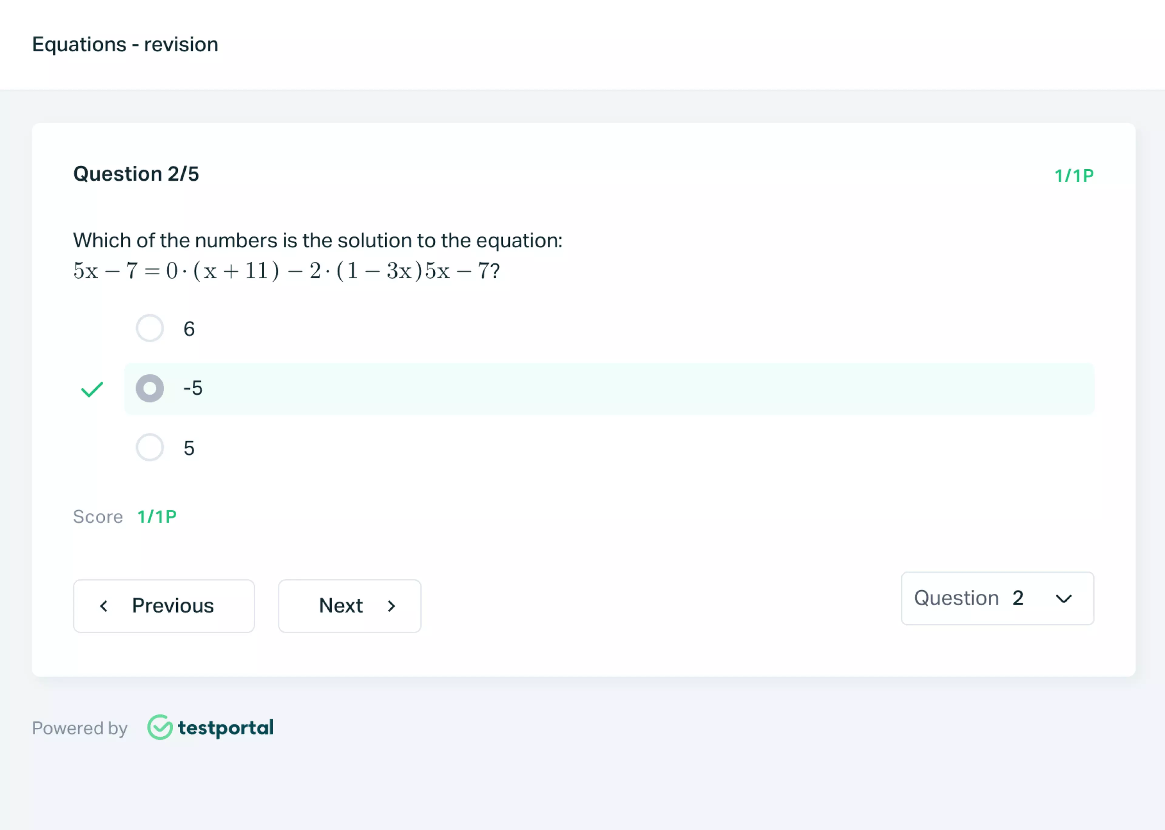   Testportal app screen showing a math problem with three possible solutions.