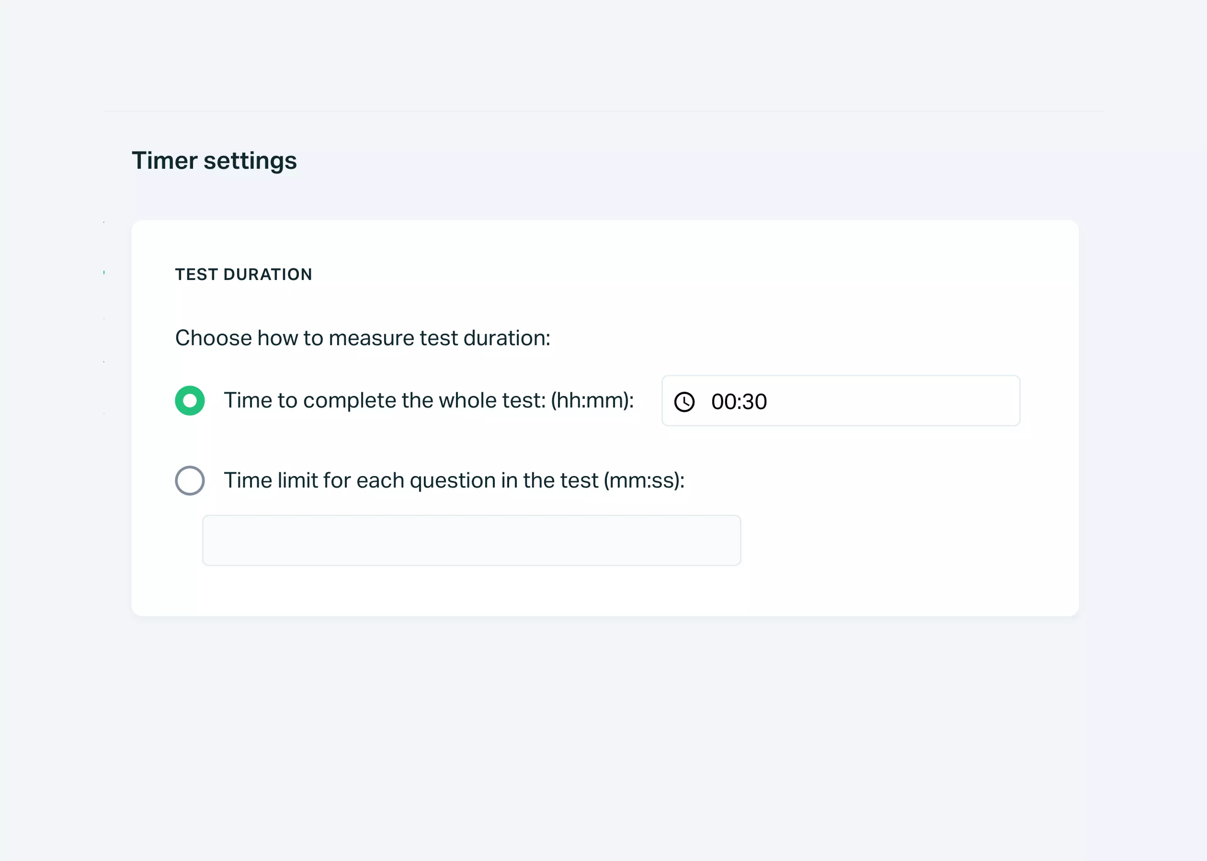   Testportal app view showing test duration settings.