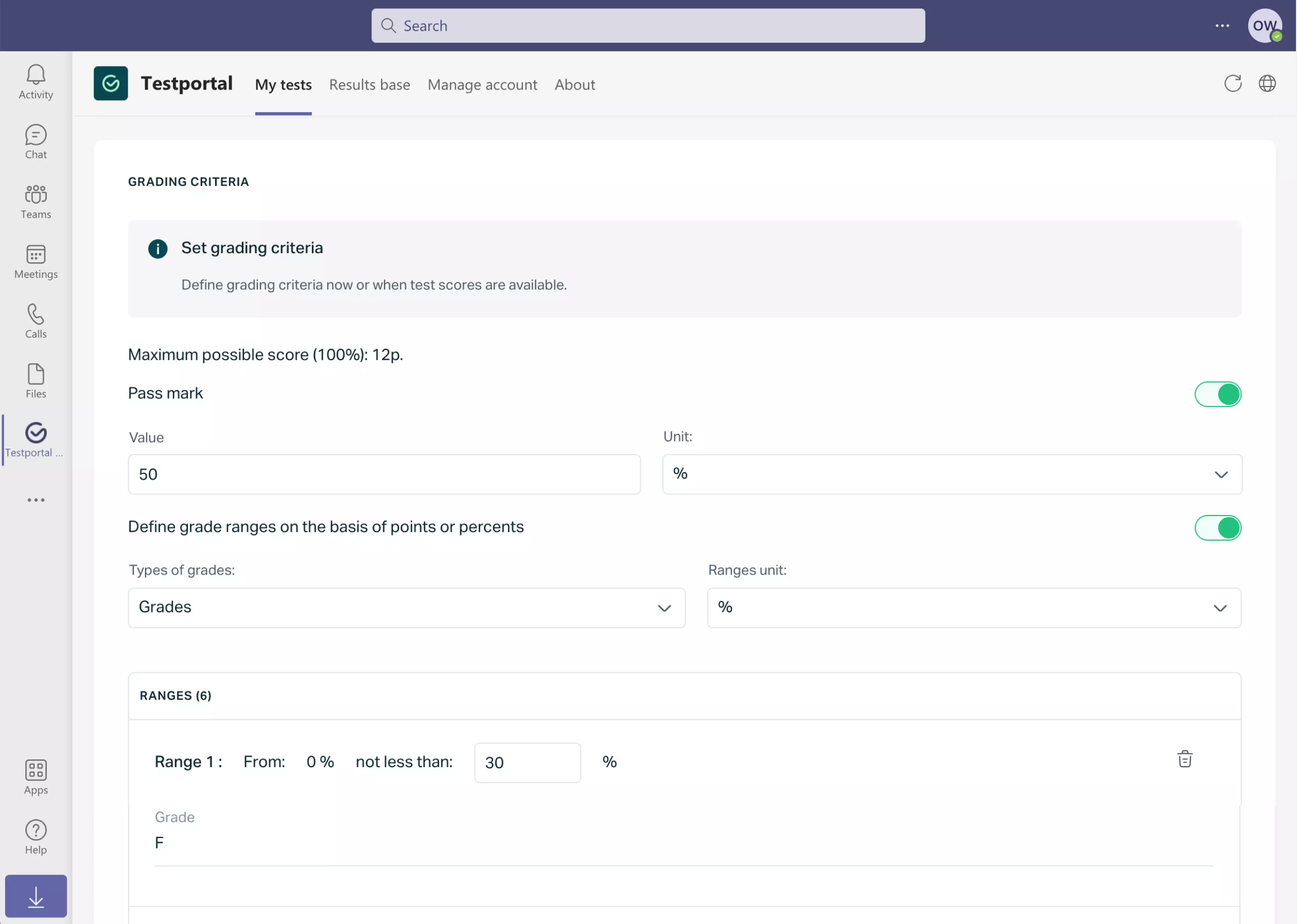   Testportal for Microsoft Teams app view showing test grading criteria settings.