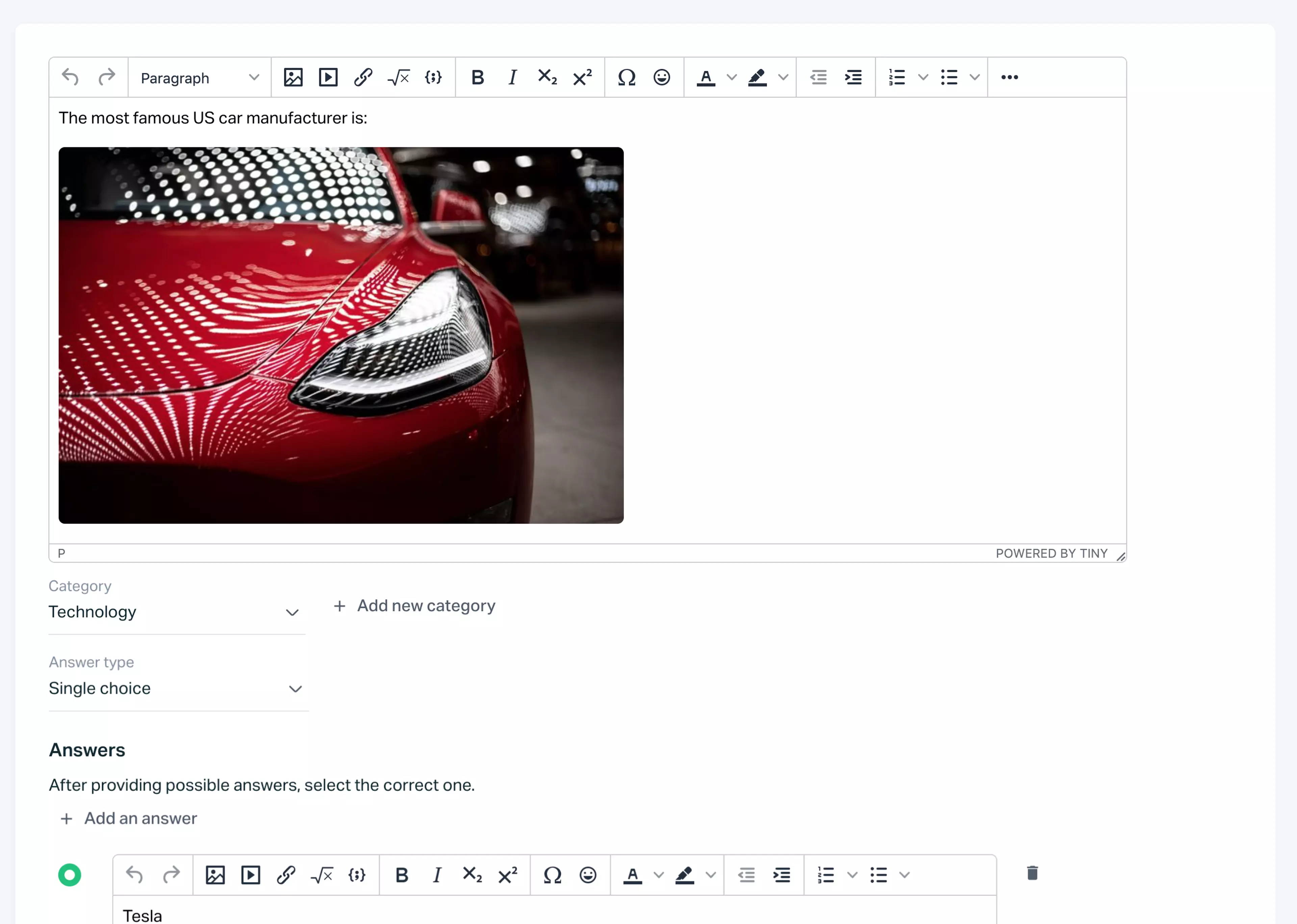 Testportal app view with online test question including an image of a red car.