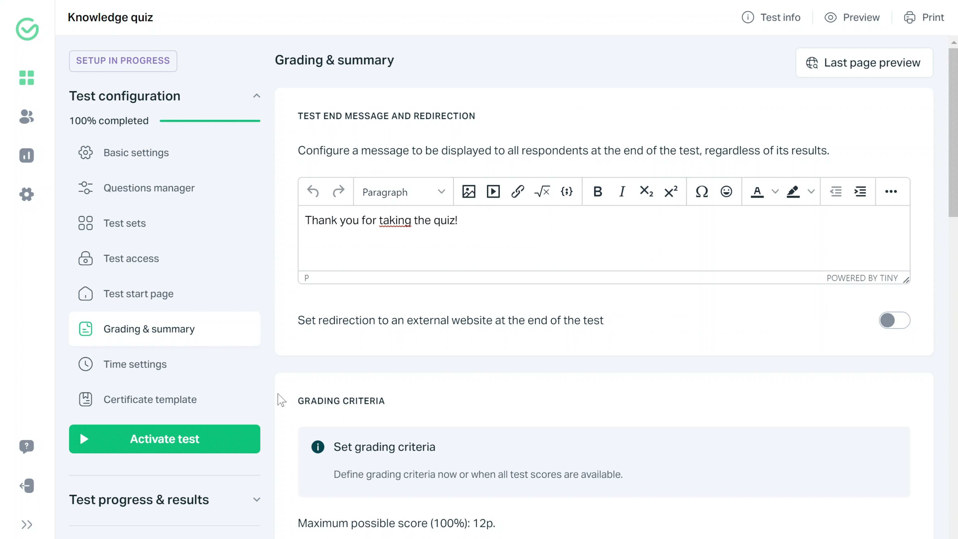 Quiz time settings