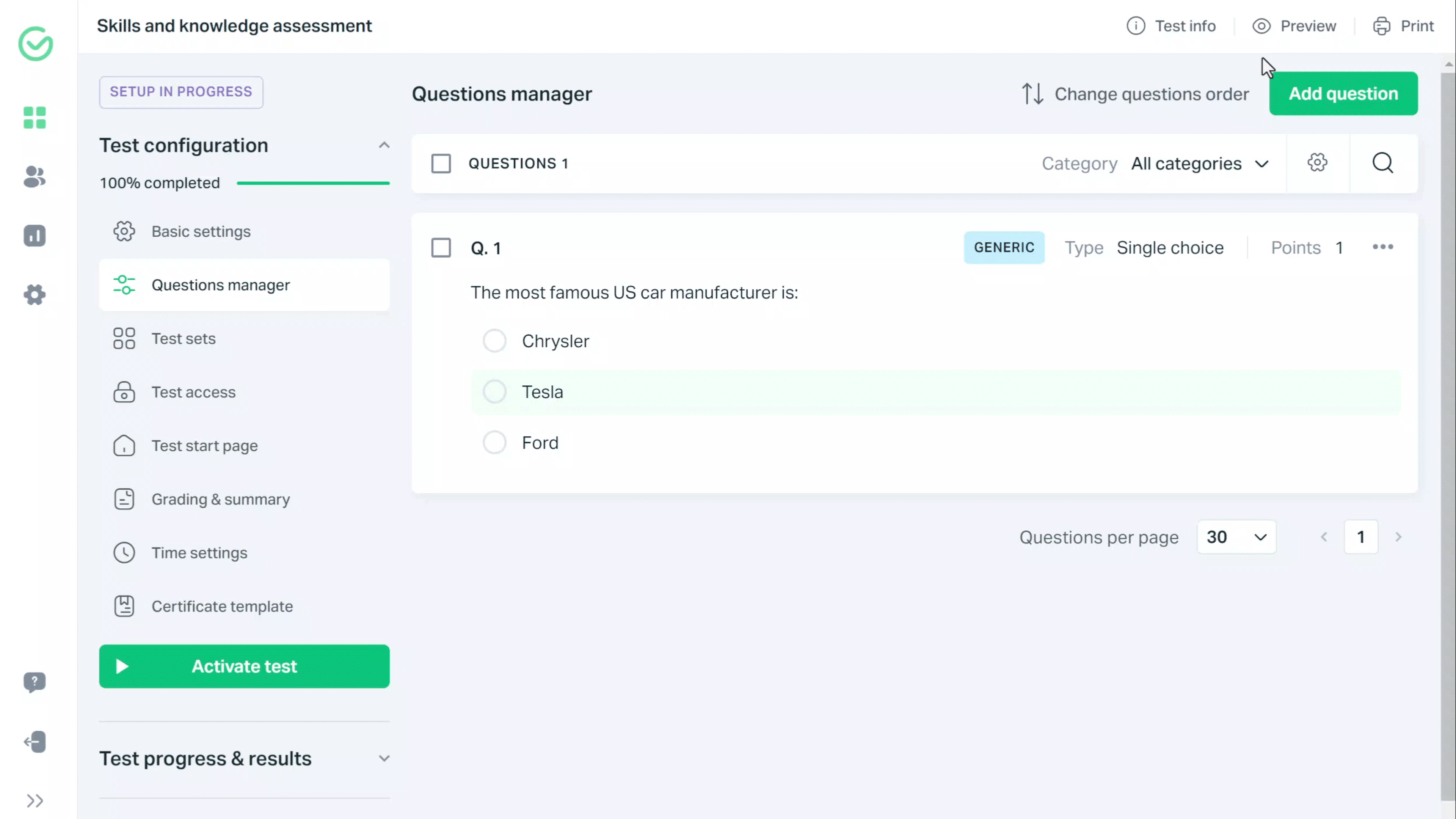 Adding question to an existing test