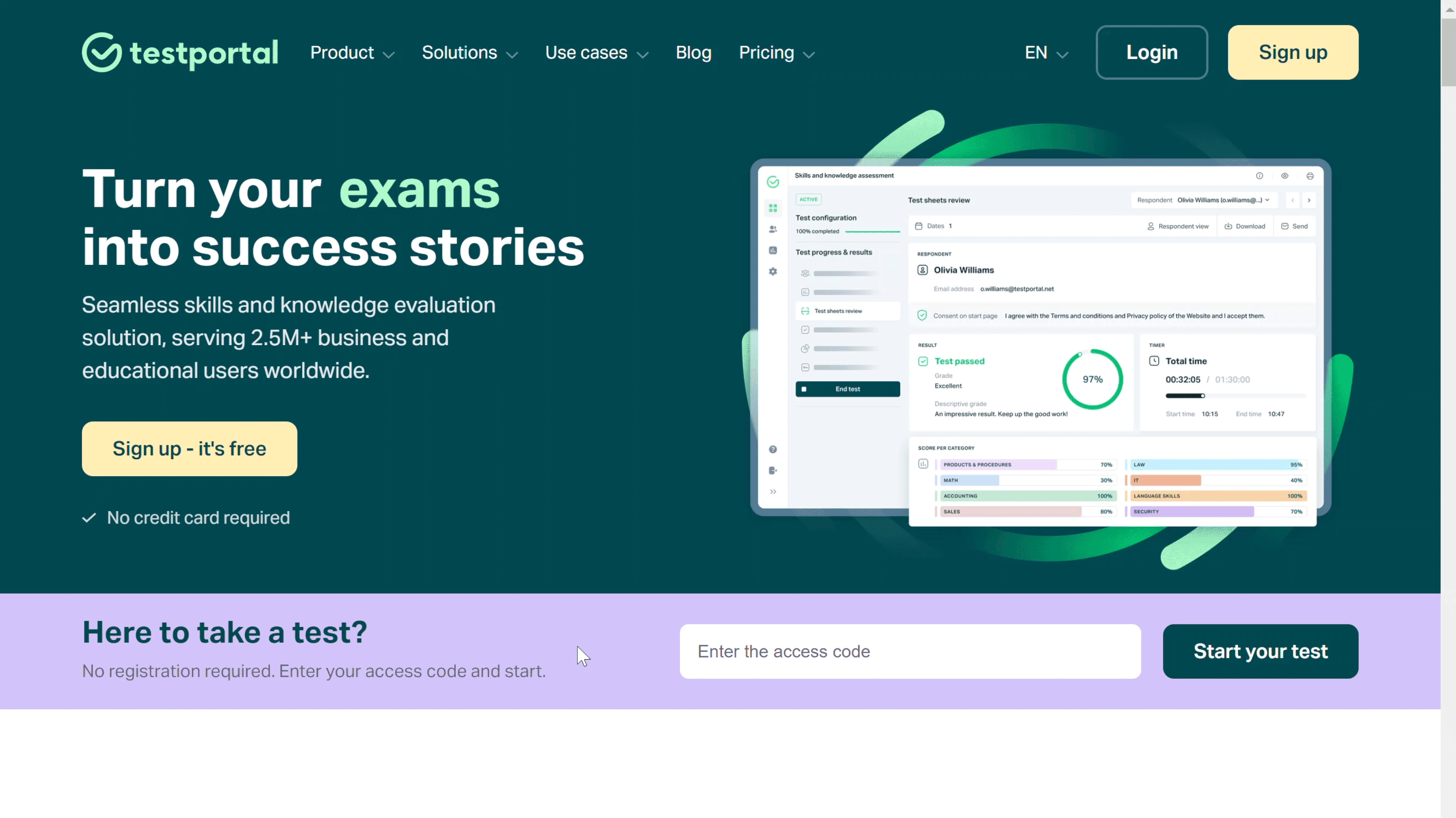 Start your test with access code