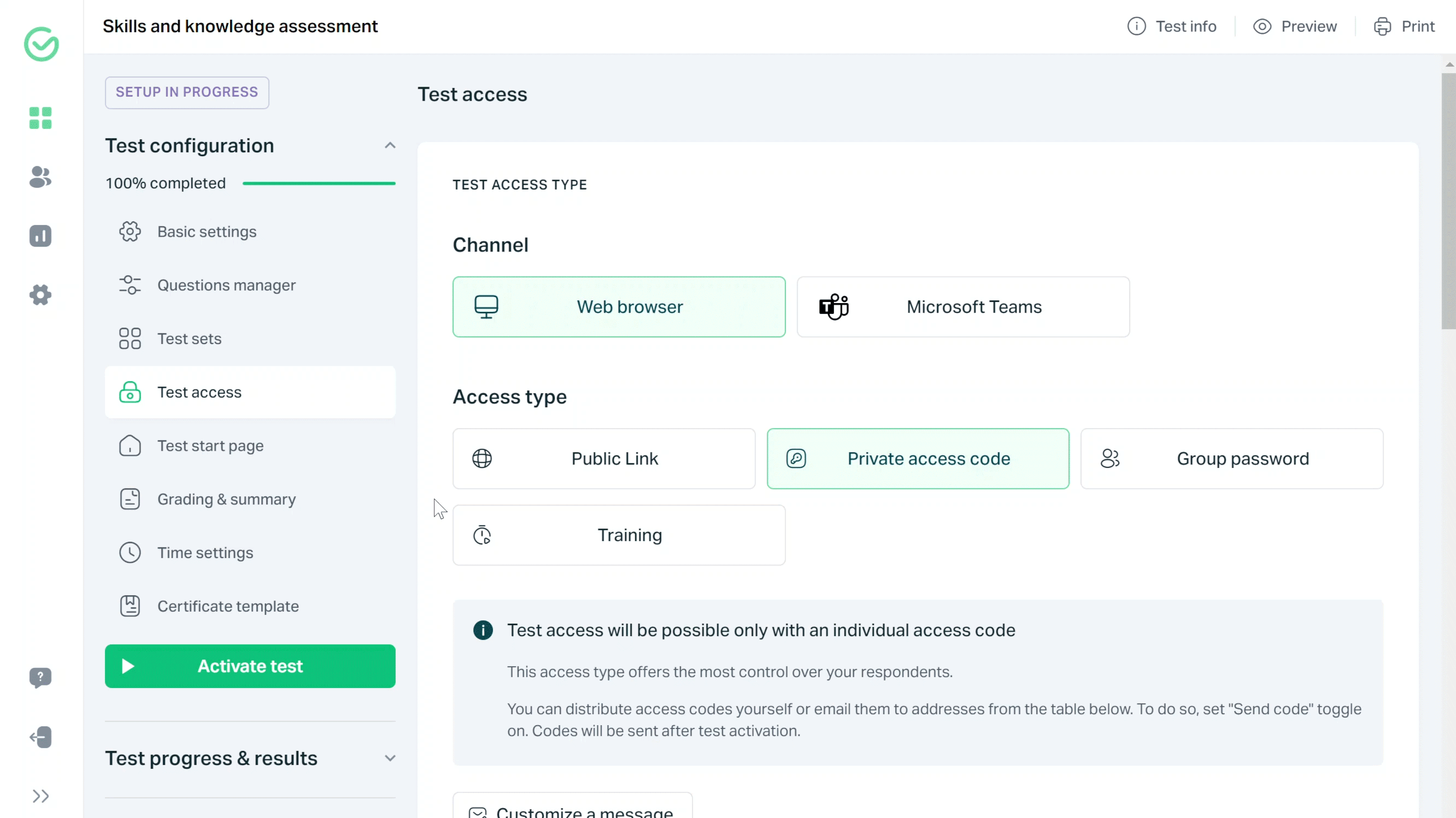 Test start form