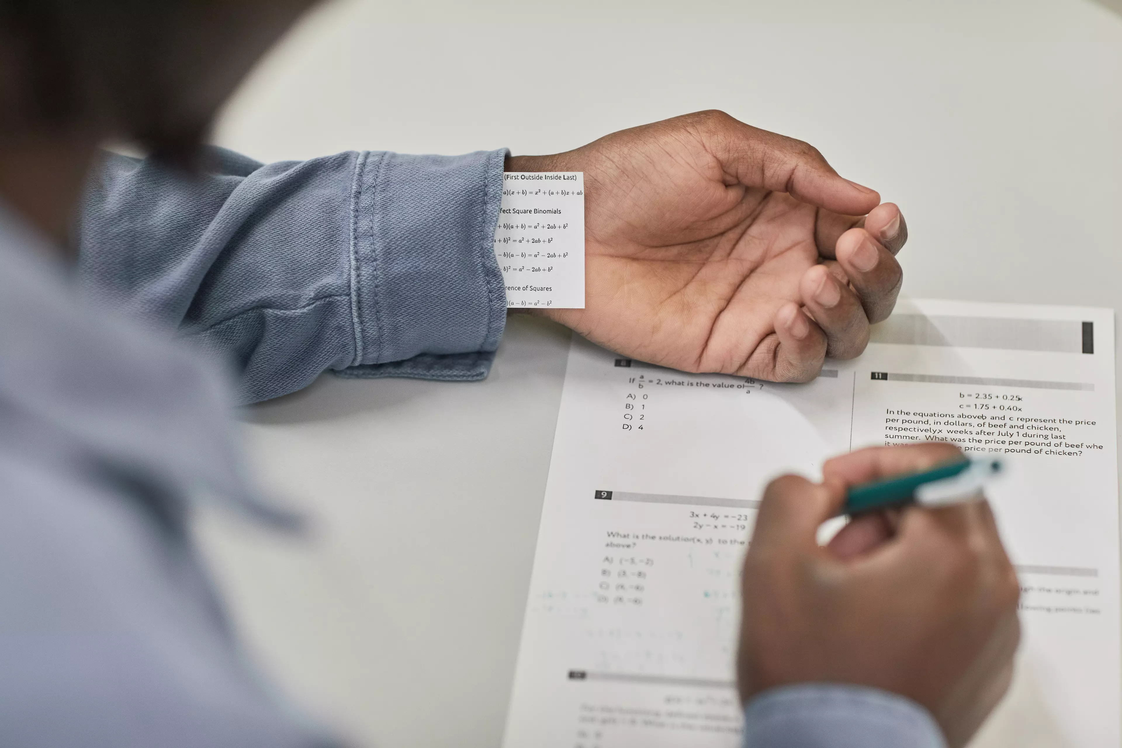 Cheating on test with a cheat sheet hidden up the sleeve